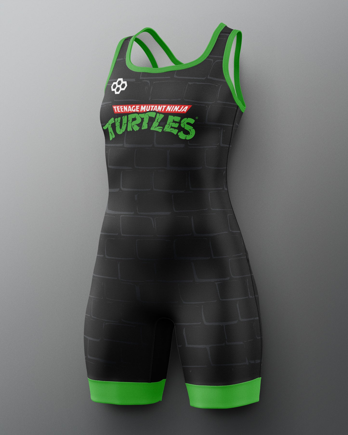 Black and green wrestling singlet with 'Teenage Mutant Ninja Turtles' logo on a gray background