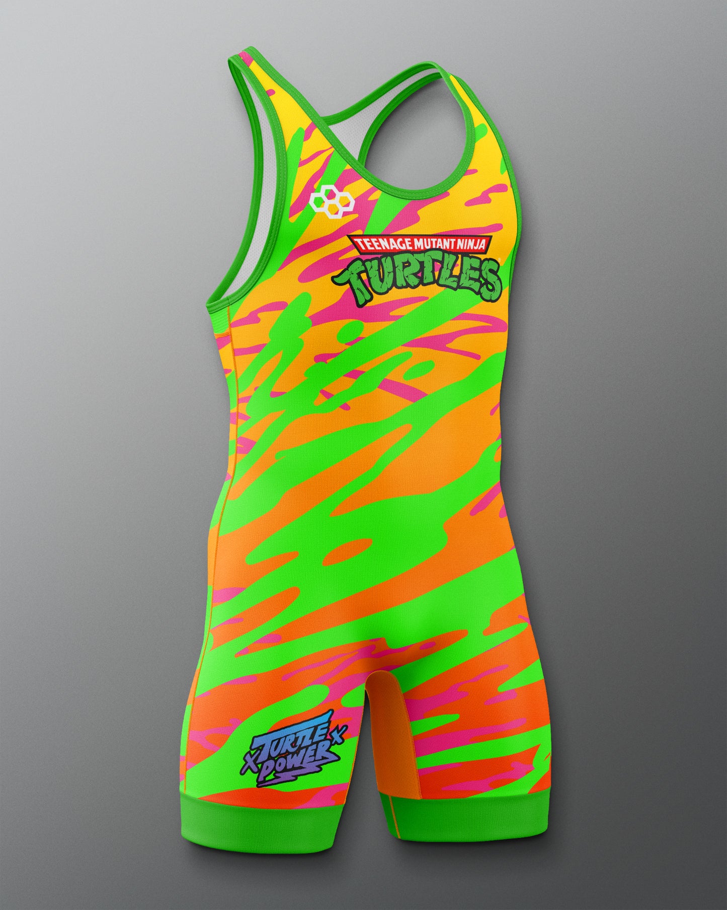 Colorful singlet with 'Teenage Mutant Ninja Turtles' branding on a gray background