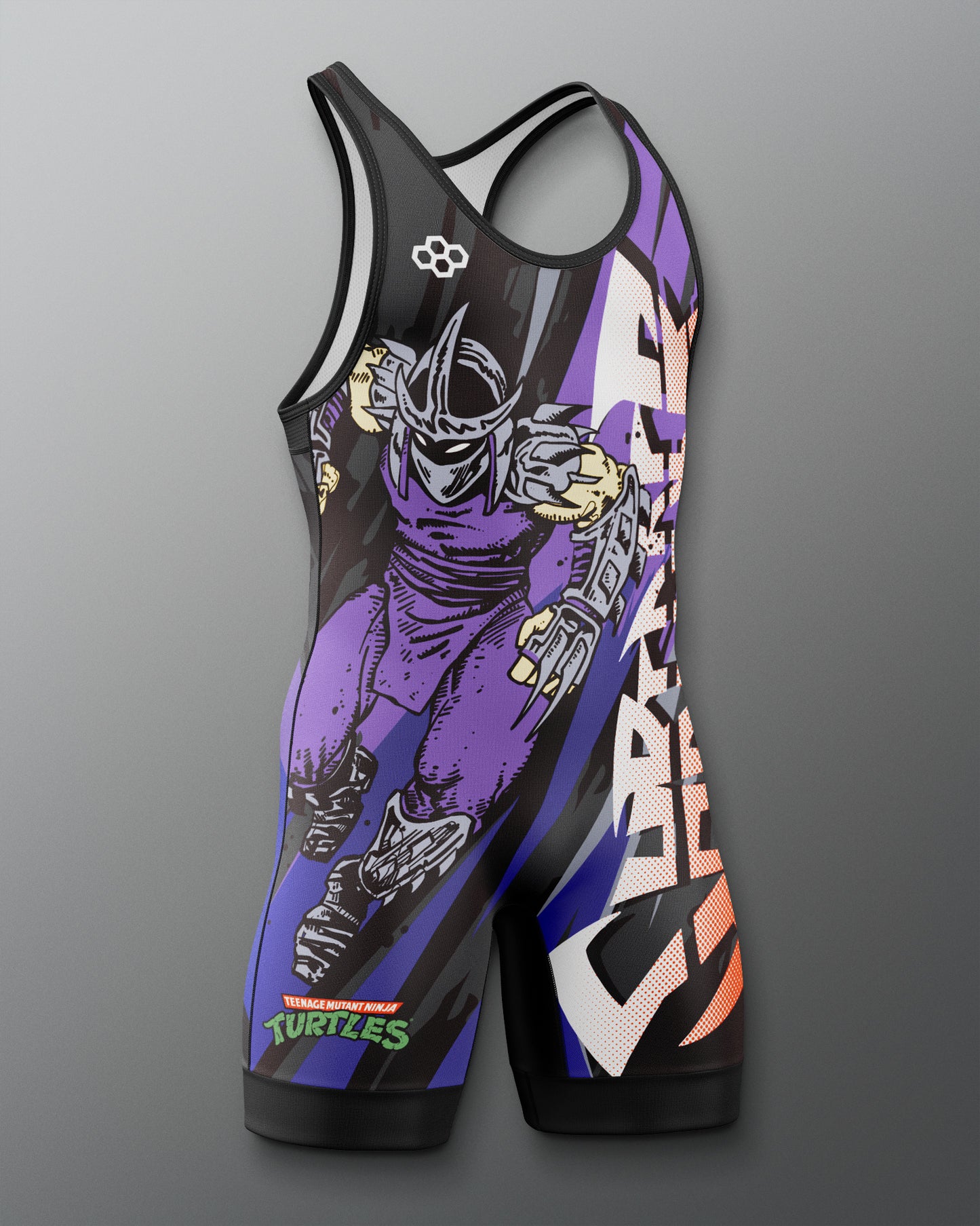 Colorful athletic suit with Teenage Mutant Ninja Turtle Shredder graphic design on a gray background