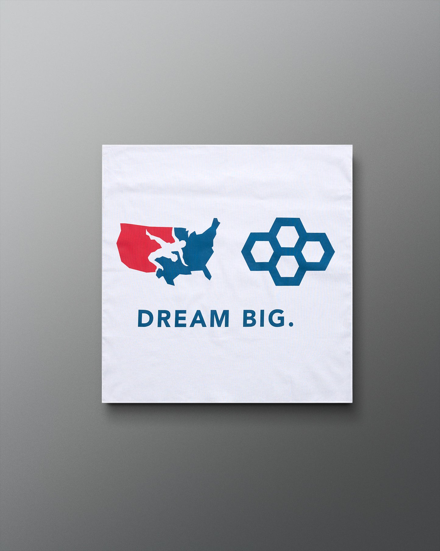 A square white canvas Bandana featuring a red and blue United States map graphic, a blue geometric hexagon logo, and the text 'DREAM BIG.' in blue, displayed against a dark gray gradient background.