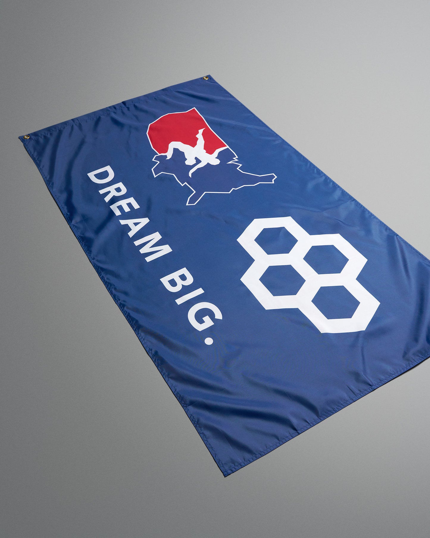 Blue flag with 'Dream Big' text and logo on a gray background