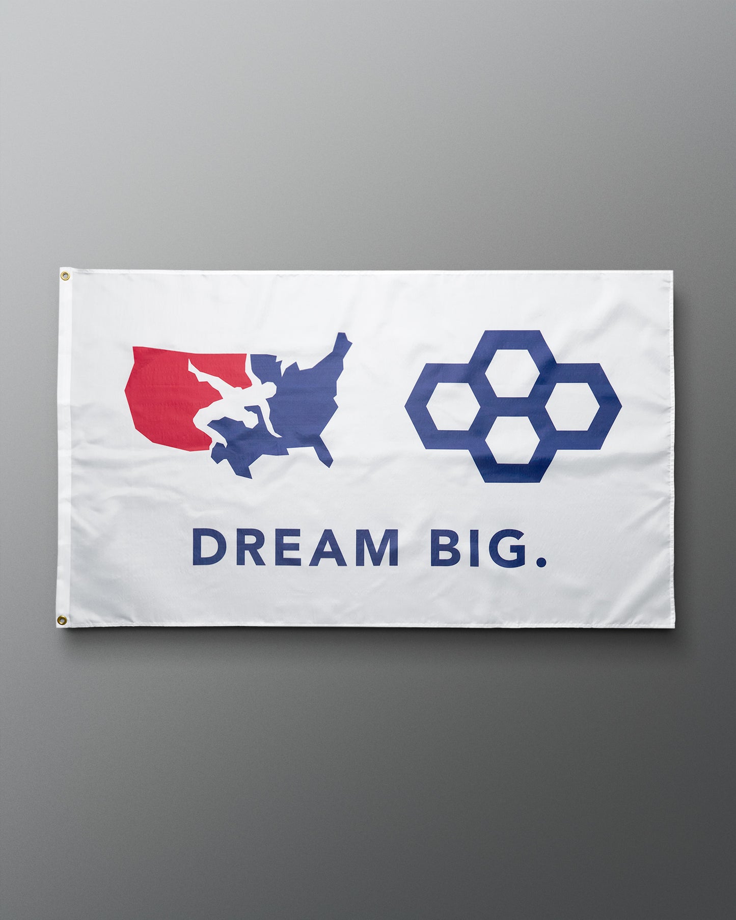 Flag with 'Dream Big.' text and symbols on a gray background