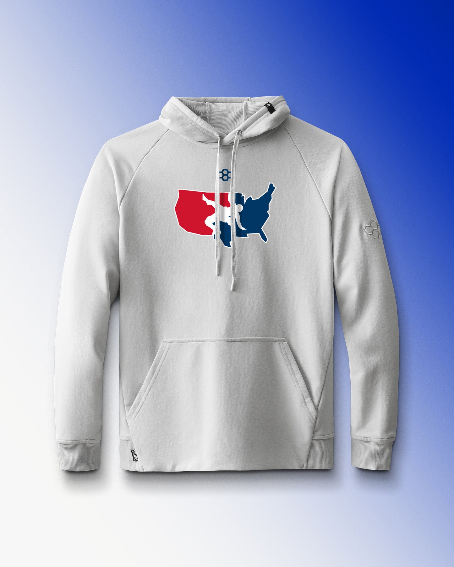 Gray hoodie with red, white, blue, USA Wrestling graphic on a blue gradient background