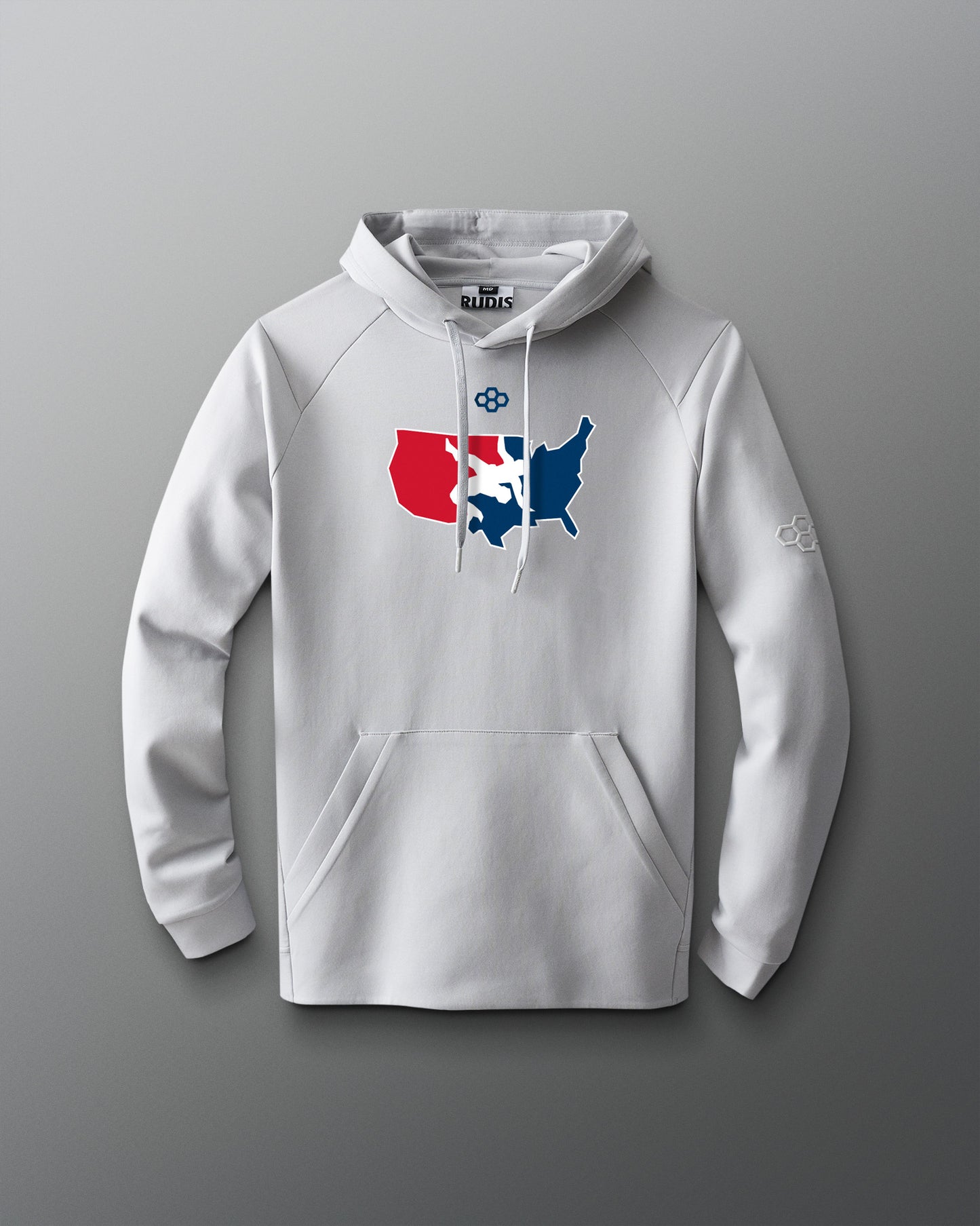 White hoodie with the USA Wrestling logo on the front, featuring red and blue colors.