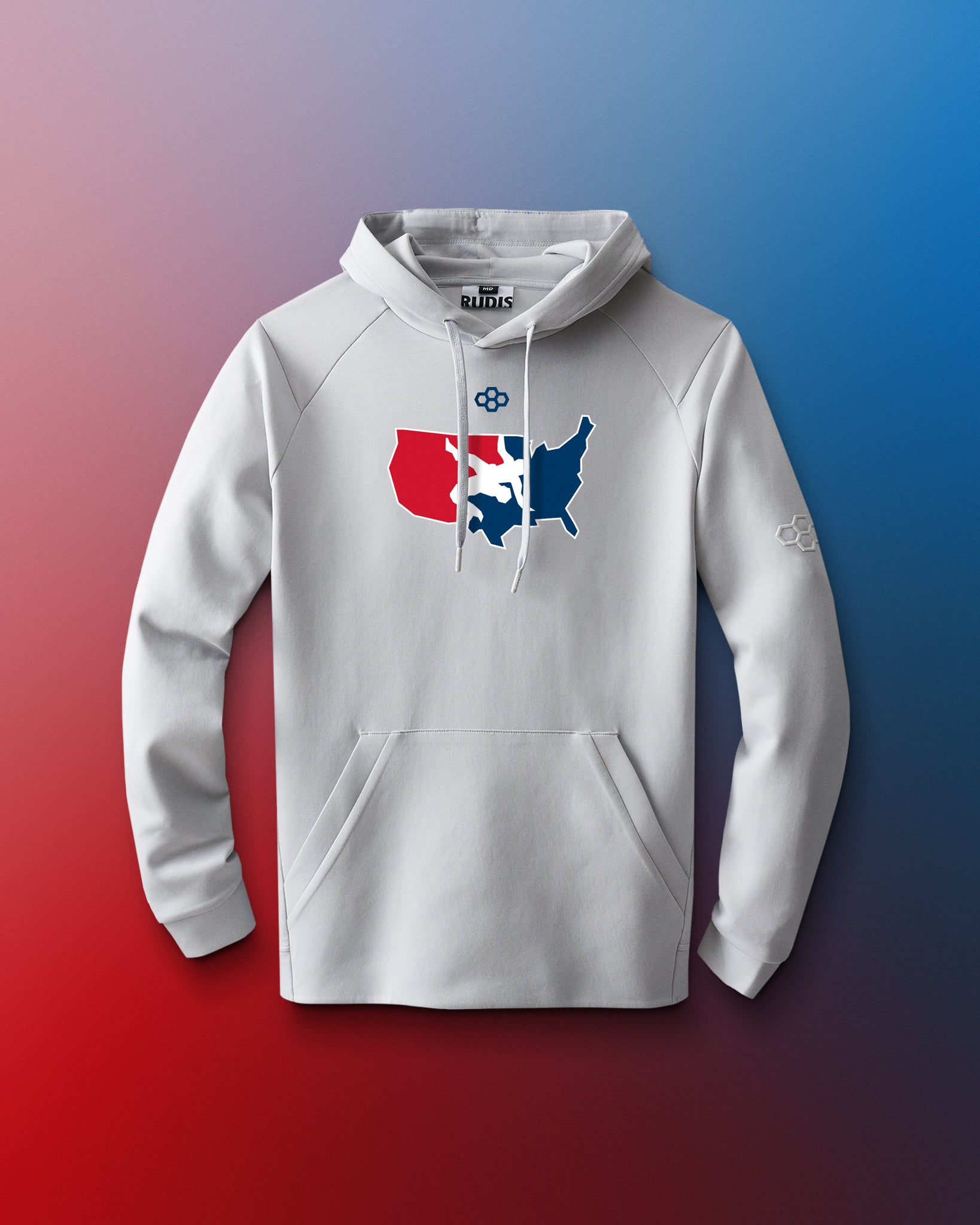 White hoodie with the USA Wrestling logo on the front, featuring red and blue colors.