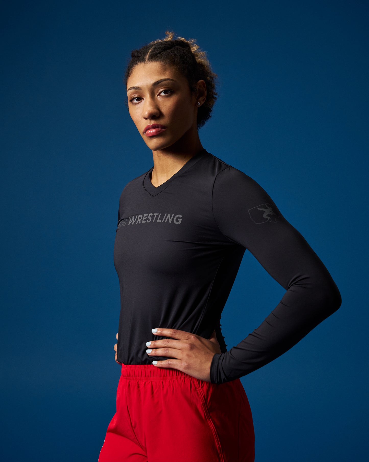USA Wrestling Wordmark Performance Women's V-Neck Long Sleeve