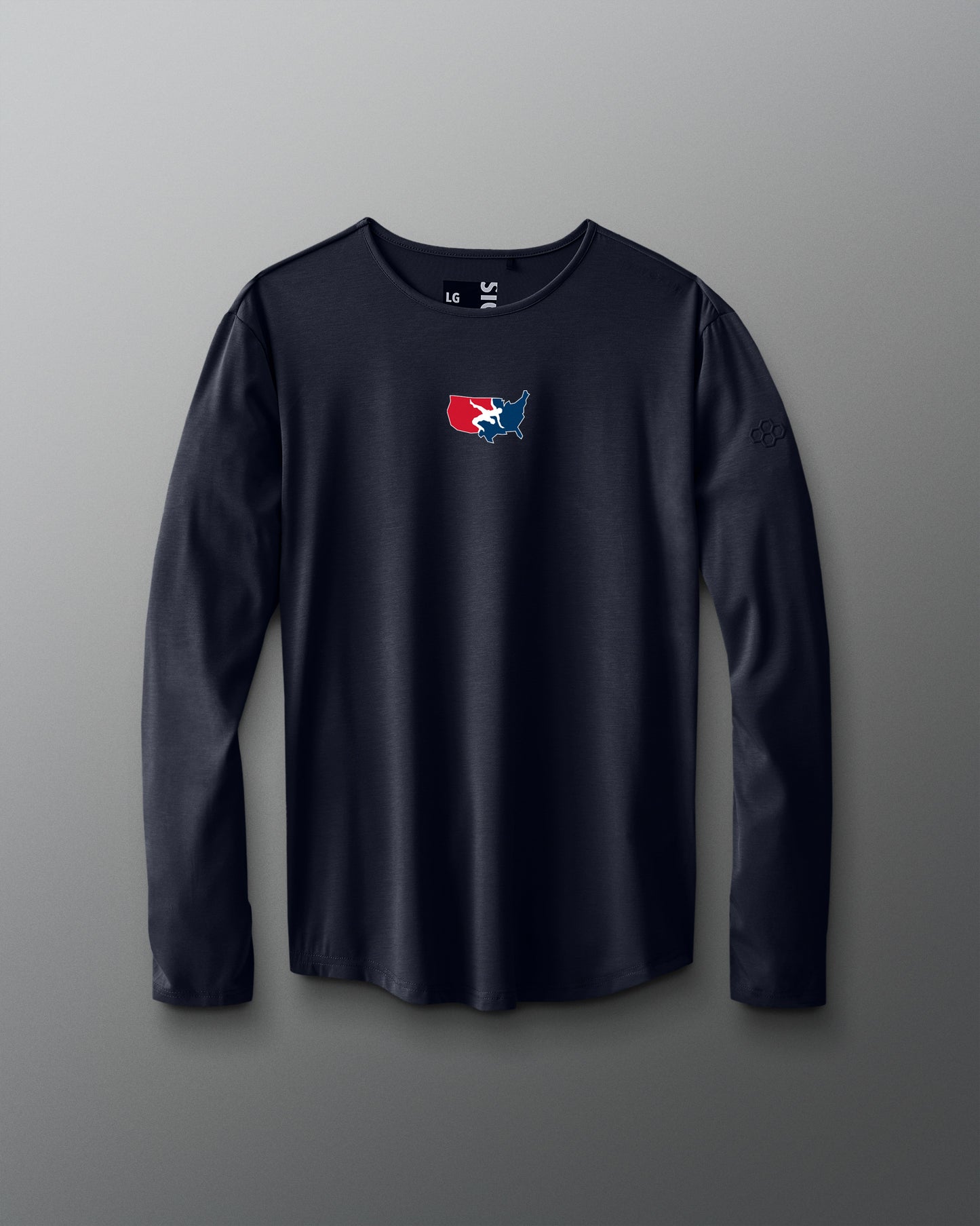 Black long-sleeve shirt with a logo on a gradient background