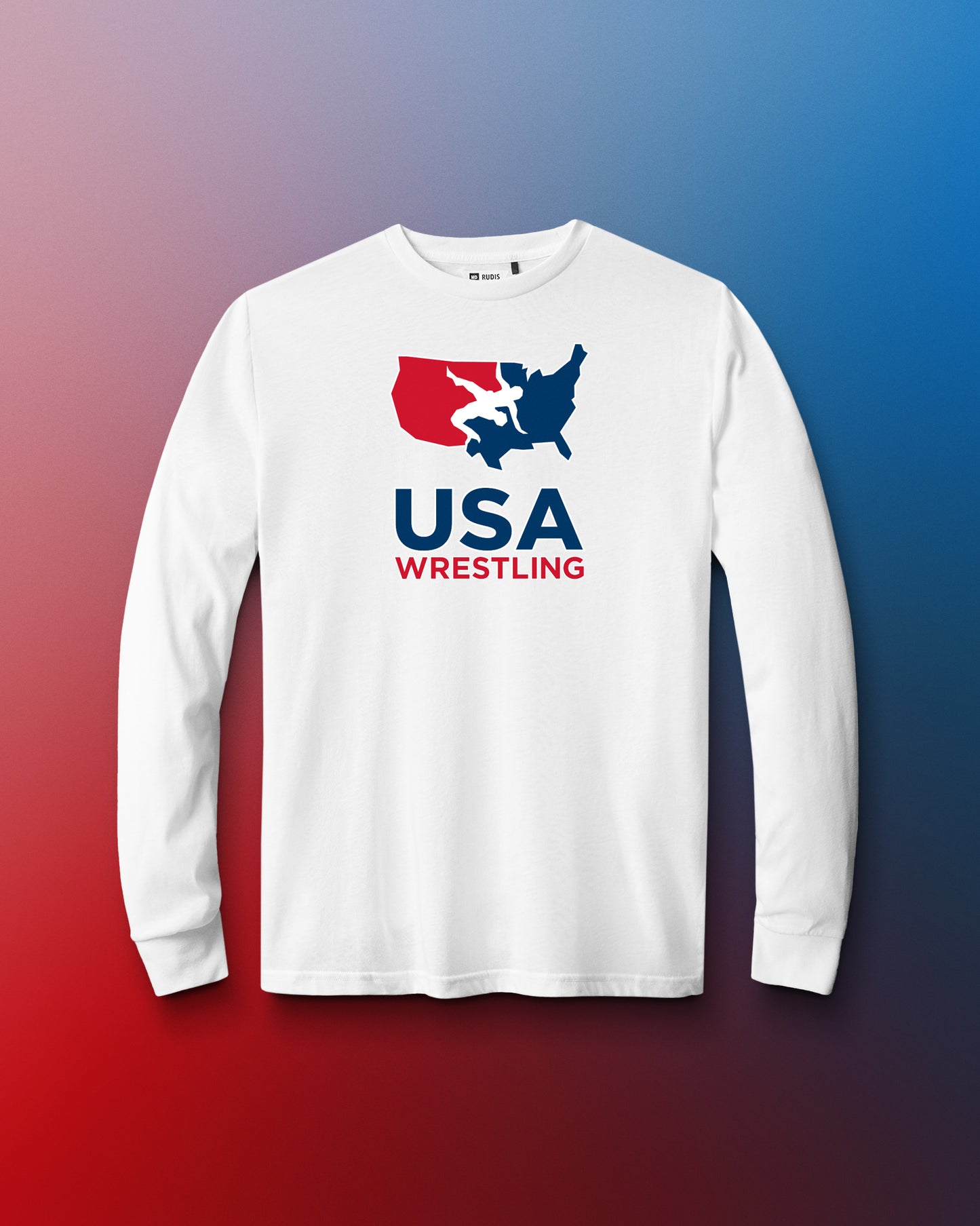 White long-sleeve shirt with USA Wrestling logo on a red and blue gradient background
