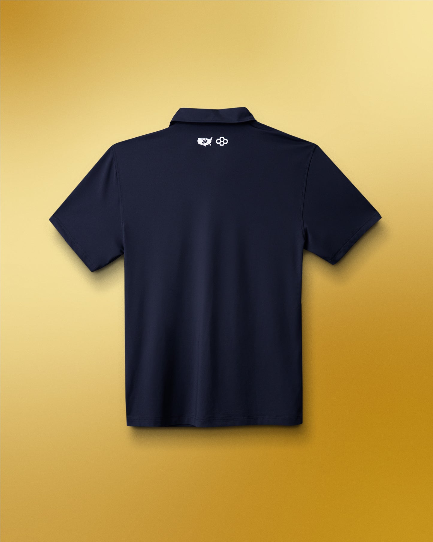 Navy blue polo shirt with a logo on the chest against a gold background