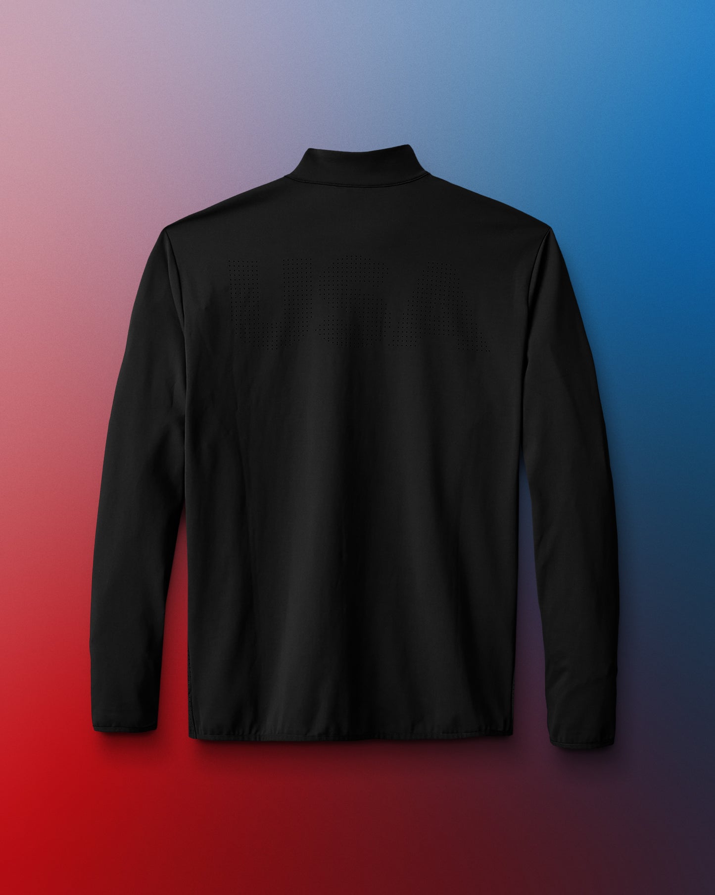 Black long-sleeve shirt on a gradient blue to red background