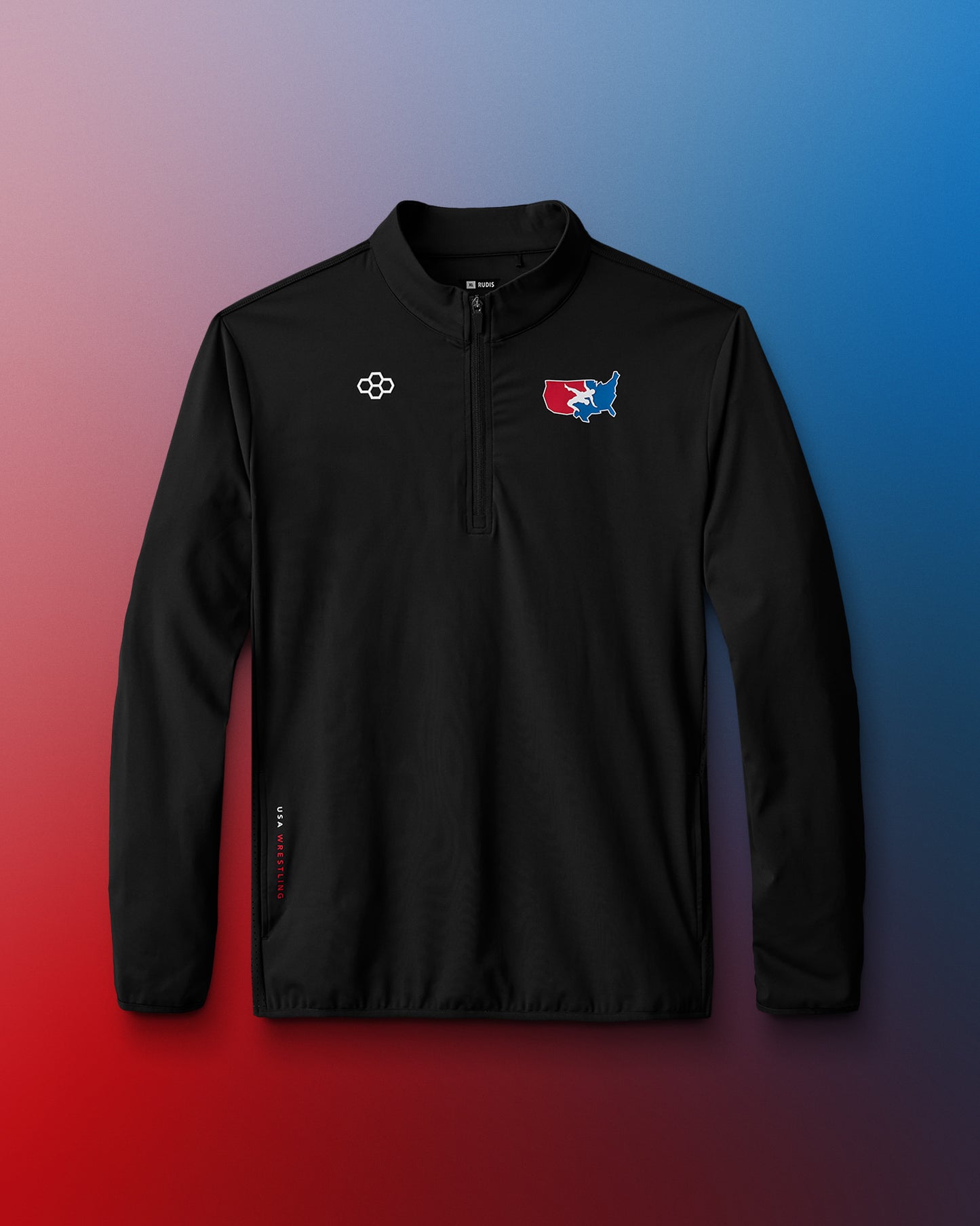 Black pullover with logos on a gradient background