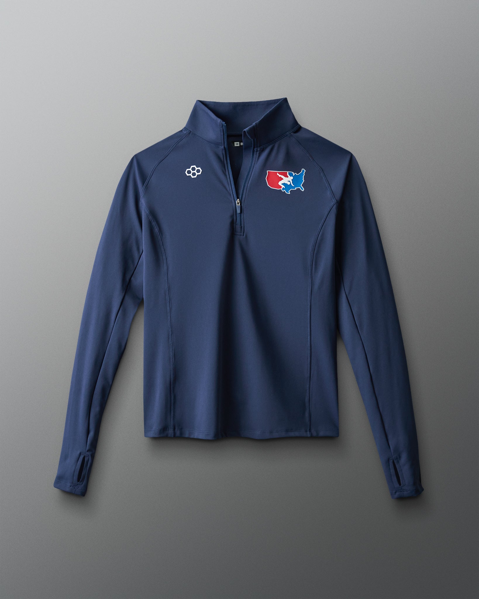 Blue jacket with logos on a gray background