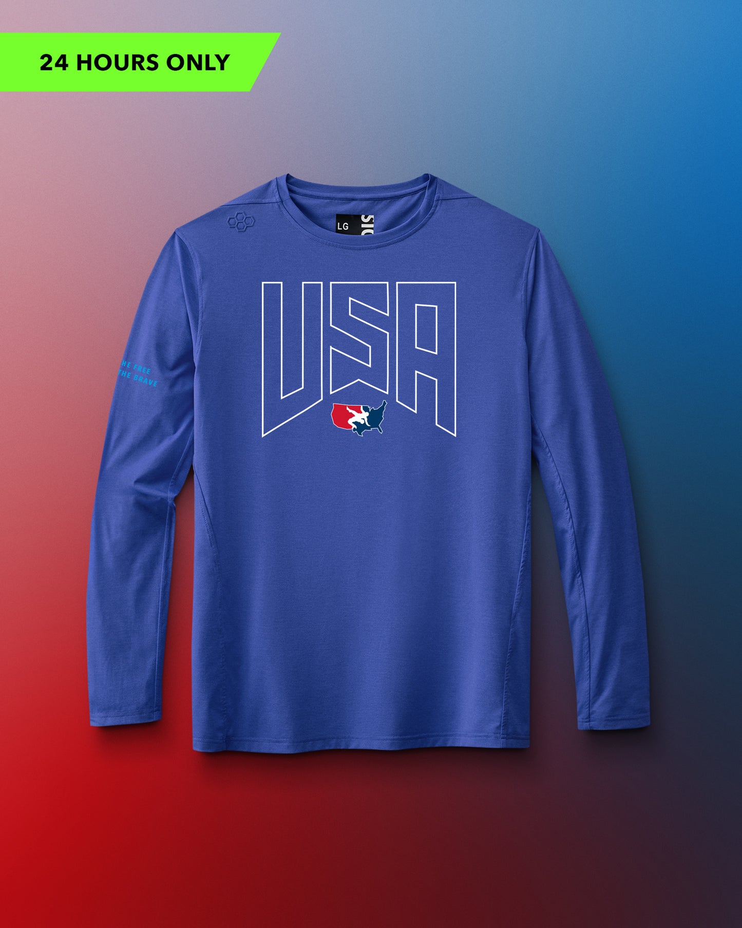 Blue long-sleeve shirt with 'USA' and logo on a gradient background