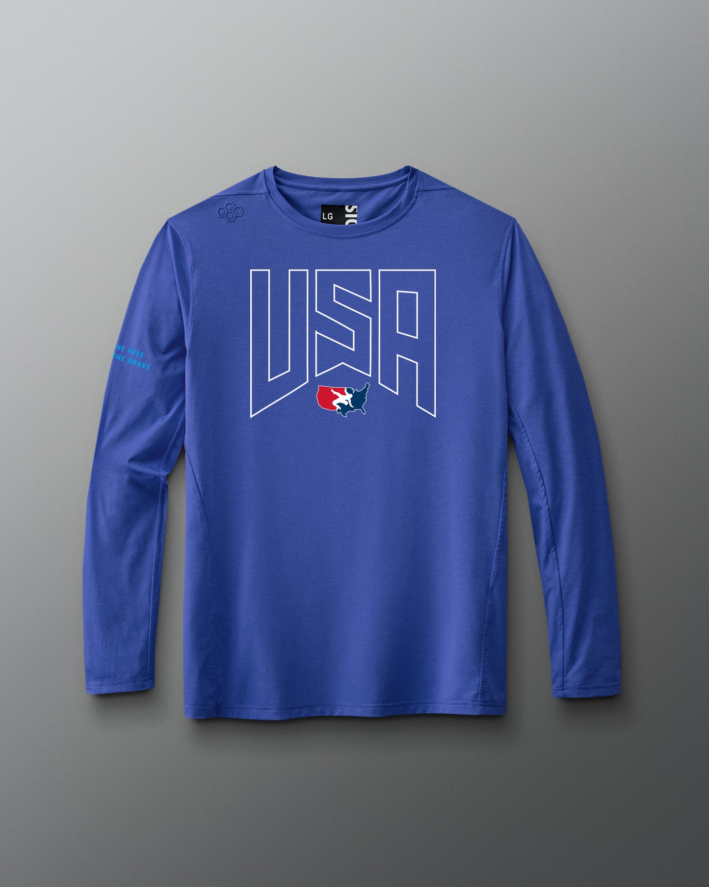 Blue long-sleeve shirt with 'USA' and logo on a gradient background