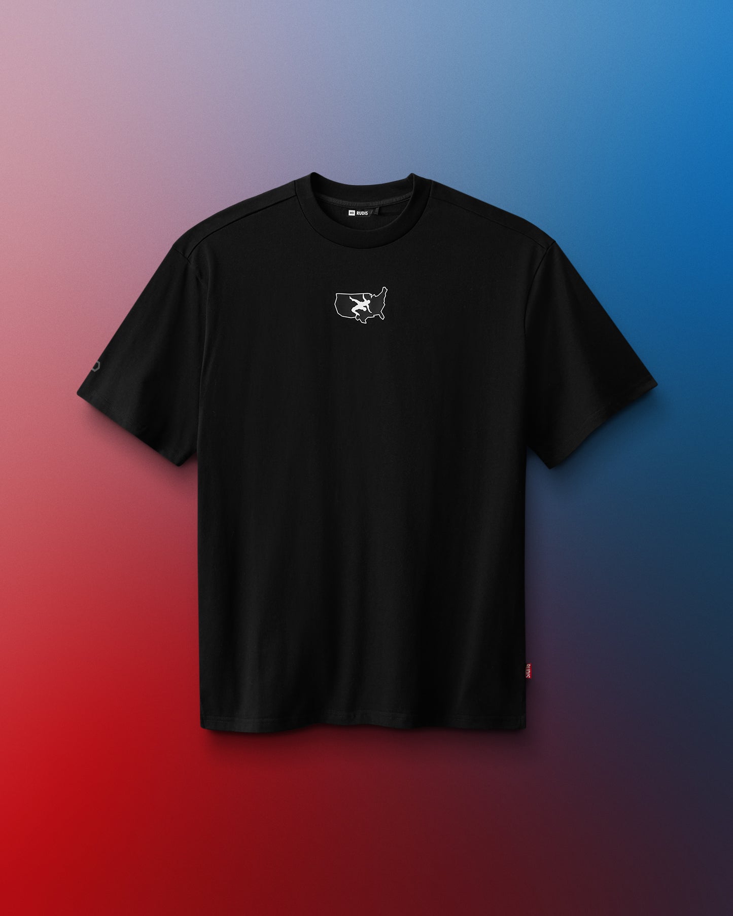 Black t-shirt with a USA Wrestling logo on a gradient background