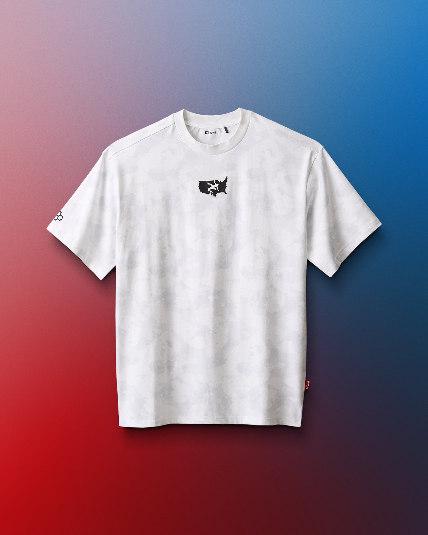 White t-shirt with a USA Wrestling logo on a gradient red to blue background