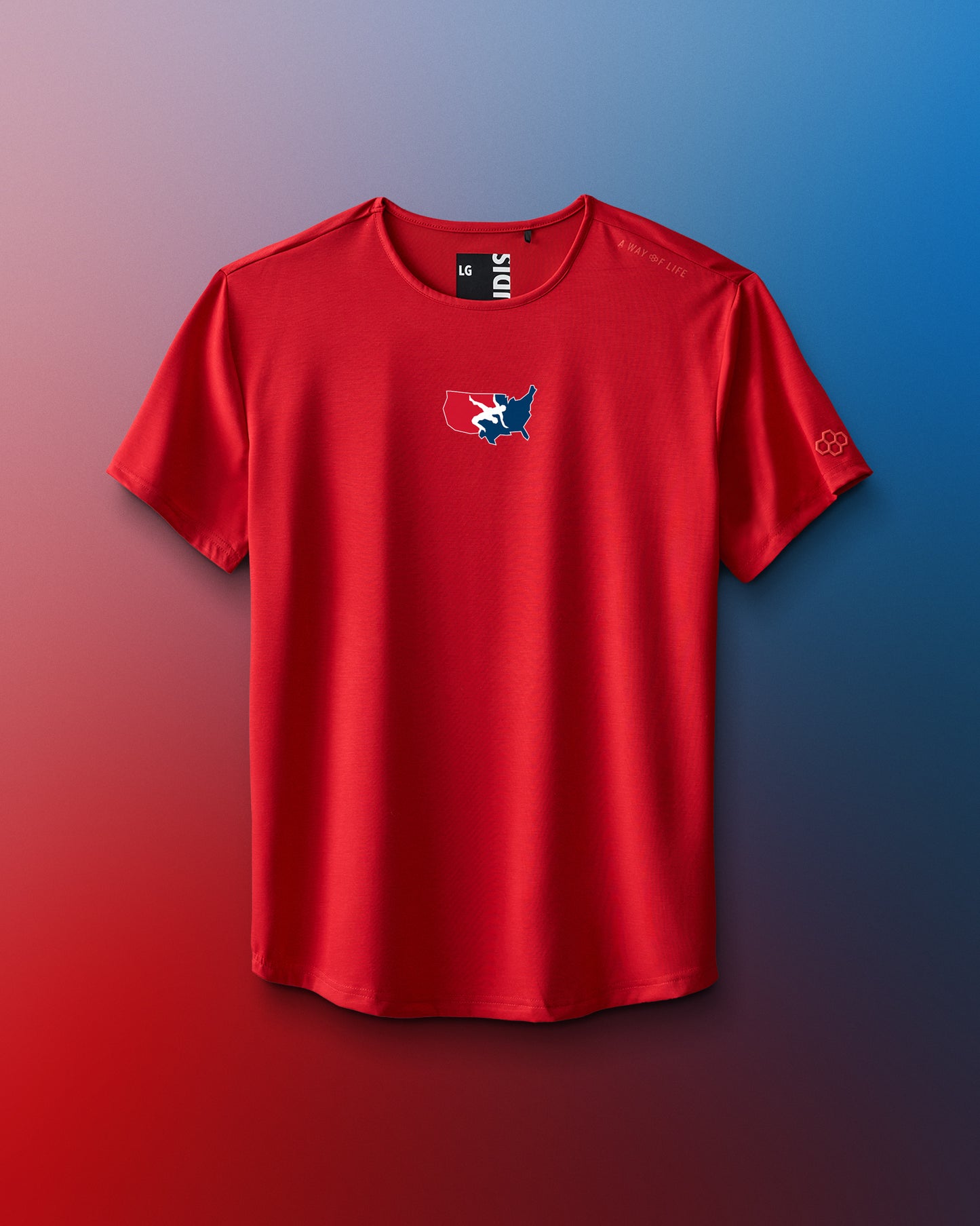 Red t-shirt with a logo on a gradient background