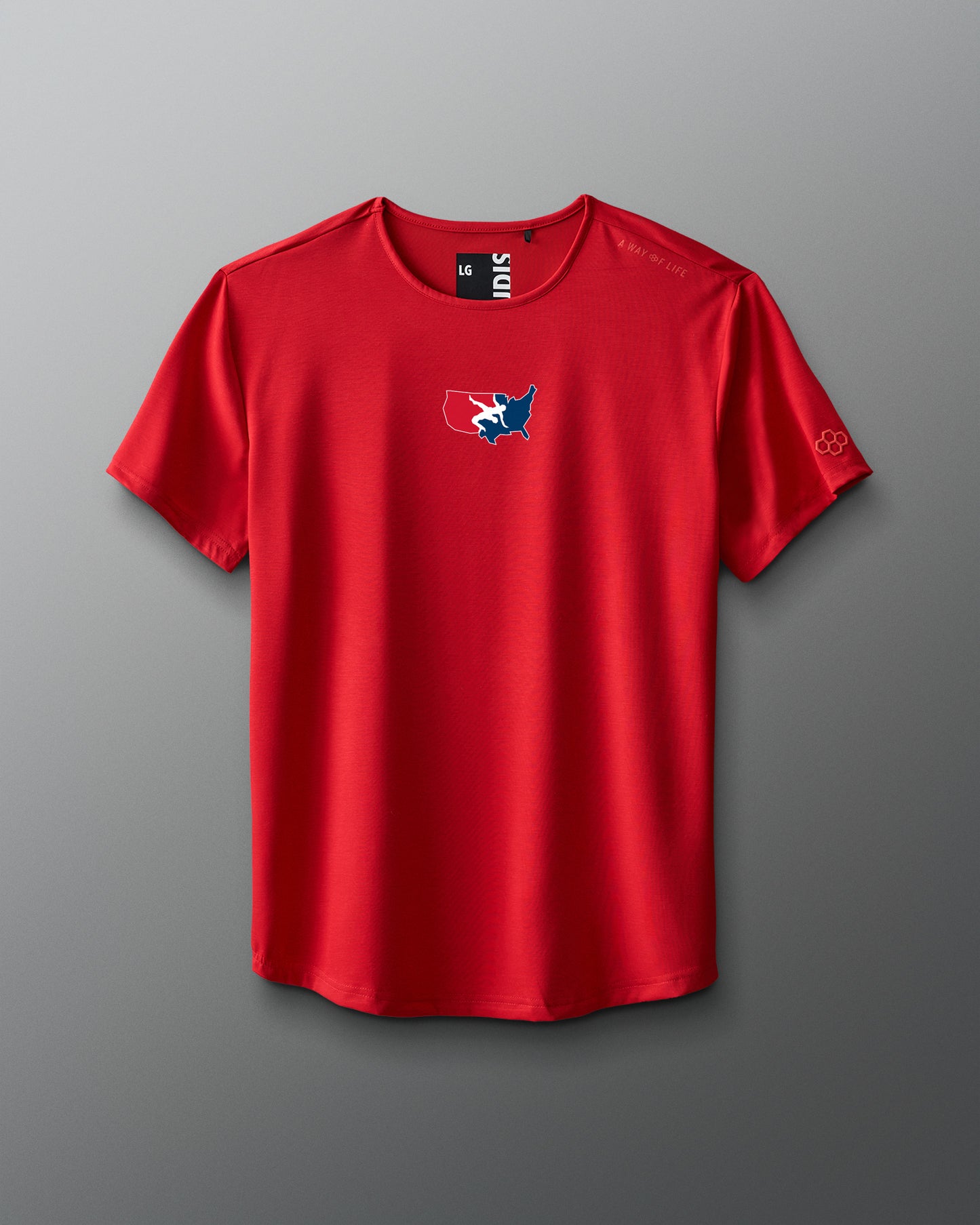 Red t-shirt with a logo on a gradient background