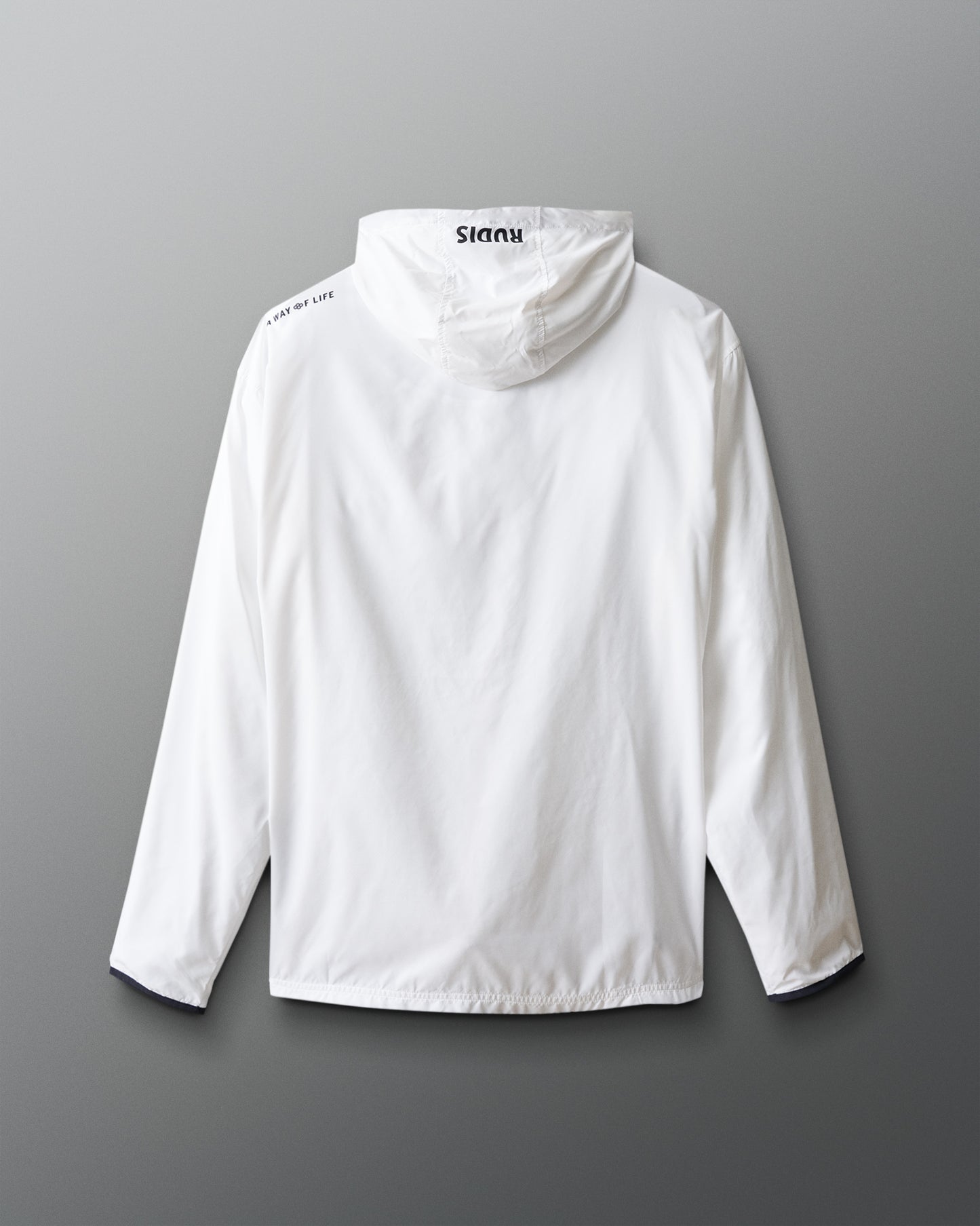 White jacket with brand logo on a gray background