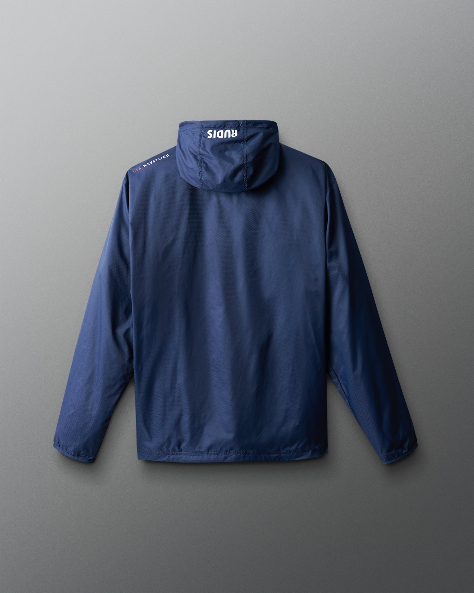 Blue jacket with a brand logo on the back against a gray background