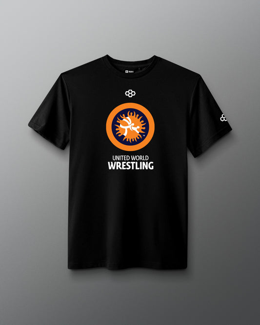 Black t-shirt with United World Wrestling logo on a gray background