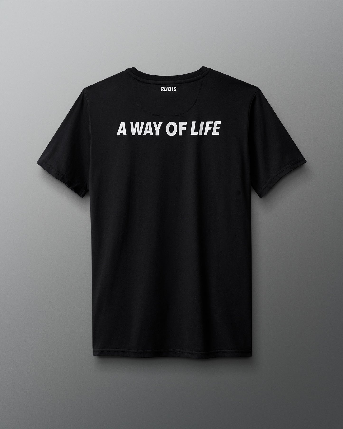 Black t-shirt with 'A Way of Life' text on a gray background