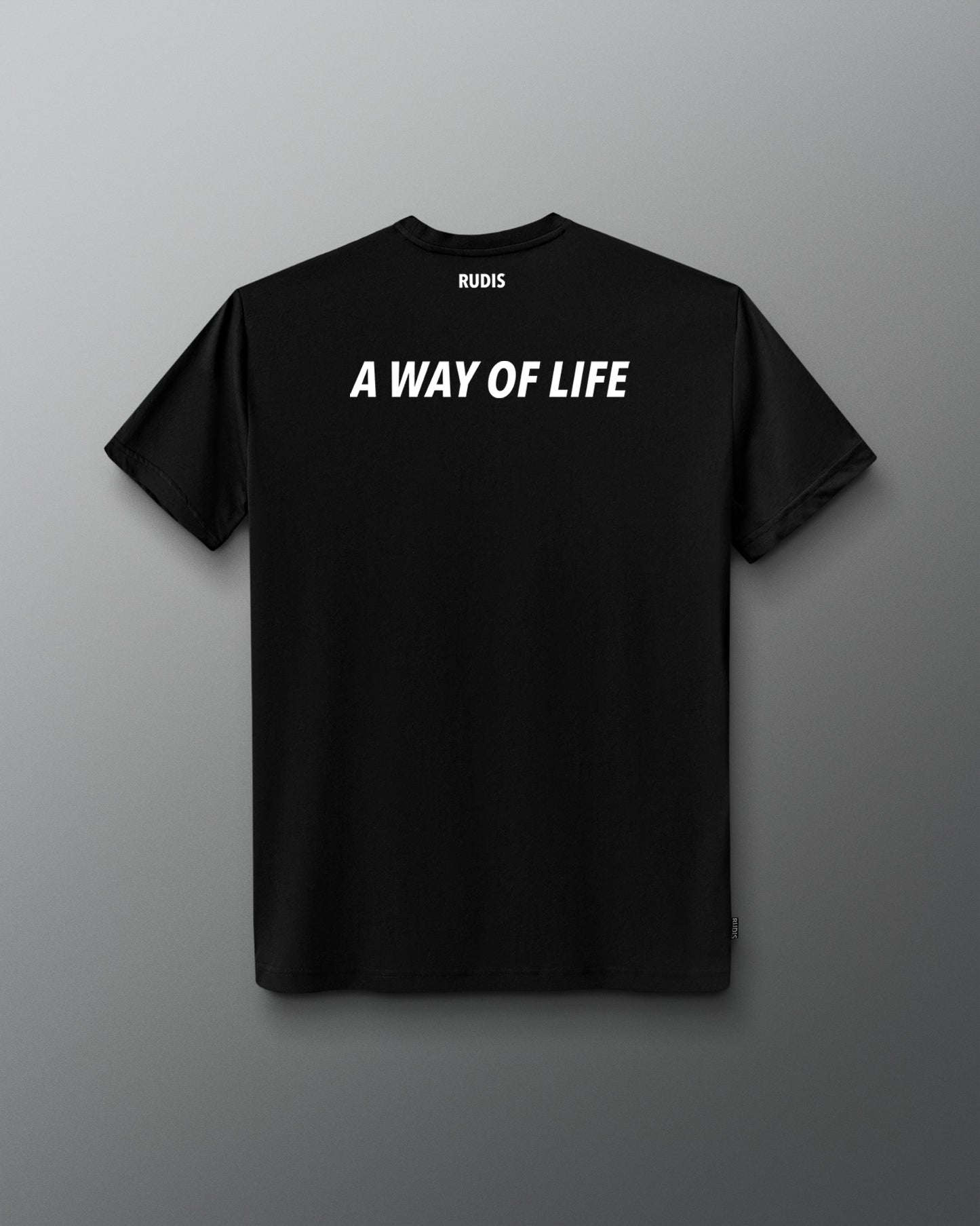 Black t-shirt with 'A Way of Life' text on a gray background
