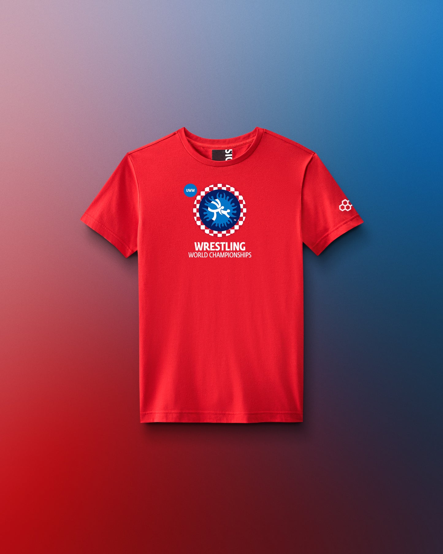 Red t-shirt with wrestling world championships logo on a gradient background. United World Wrestling, Zagreb