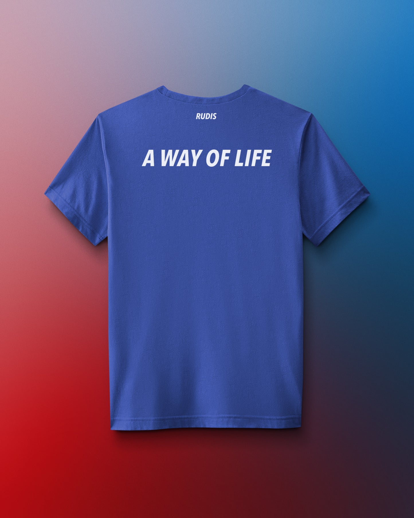 Blue t-shirt with 'A Way of Life' text on a gradient background