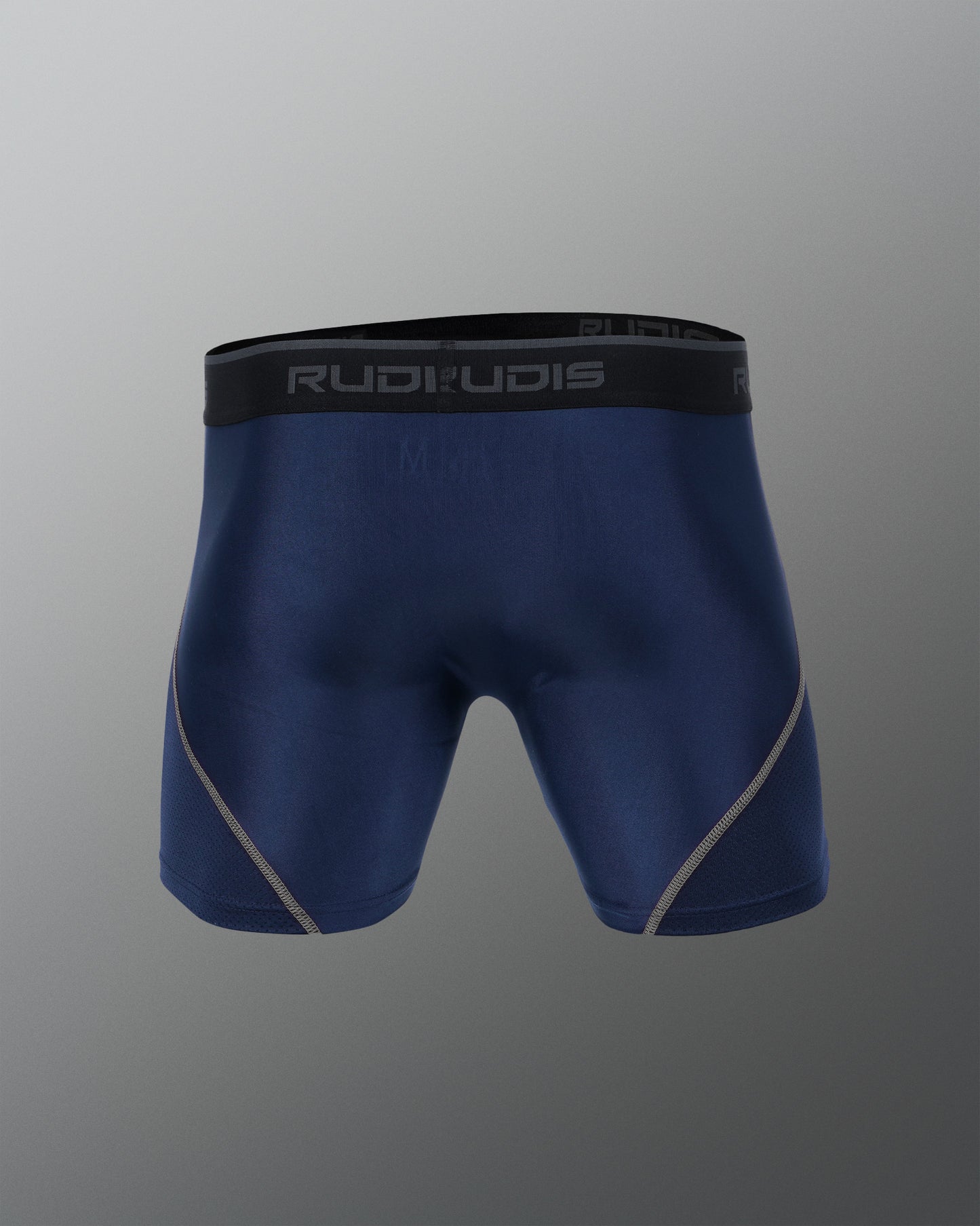 Navy blue athletic shorts featuring a snug fit and light gray accents suitable for active wear