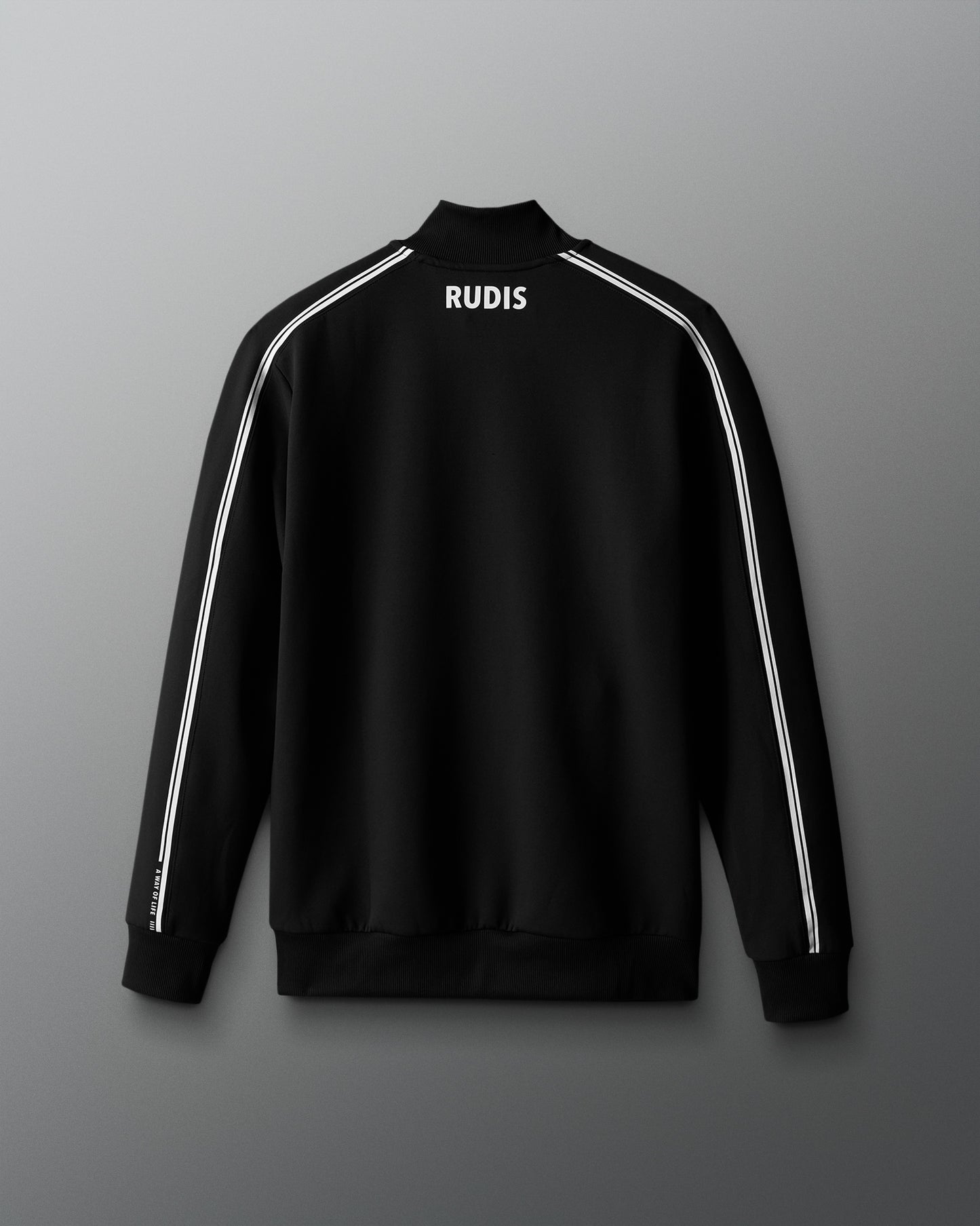 Black sweatshirt with white stripes and 'RUDIS' branding on a gray background