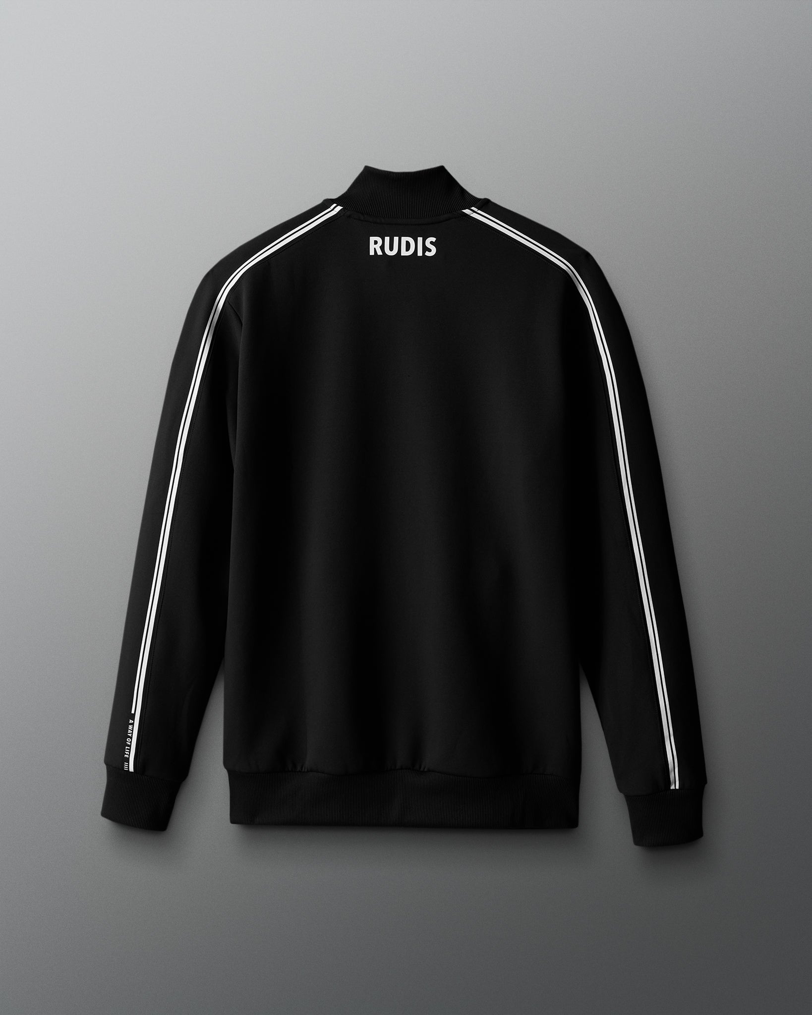 Black sweatshirt with white stripes and 'RUDIS' branding on a gray background