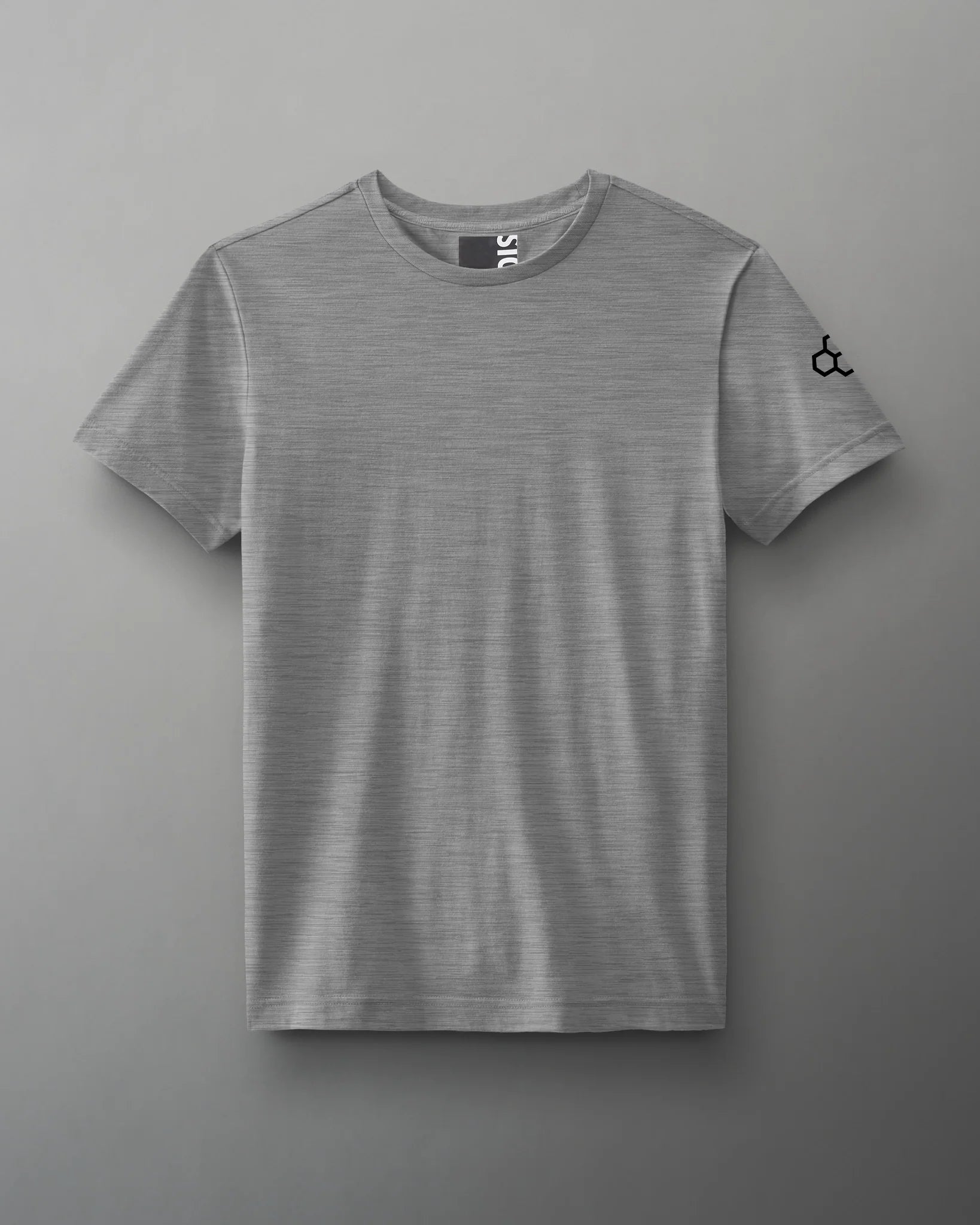 A gray short-sleeved t-shirt with a subtle texture and a small black logo on the sleeve, featuring a relaxed fit and classic crew neckline.