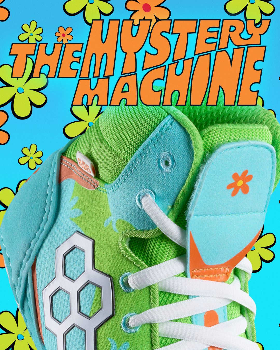 Colorful shoe with 'The Mystery Machine' text and floral design on a blue background