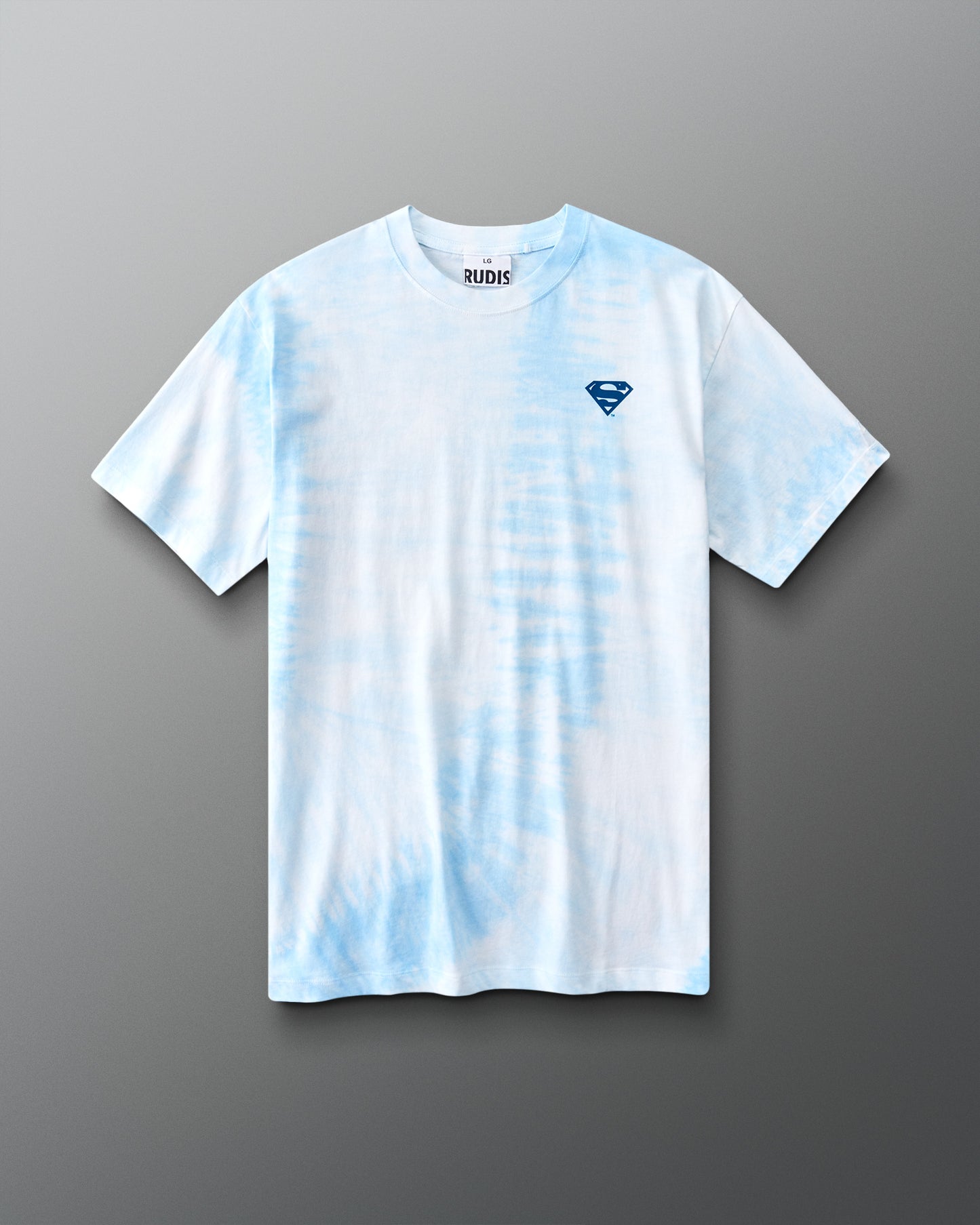 RUDIS Superman Comic Classic Cotton T-Shirt in blue tie-dye with a blue Superman shield logo on the chest.