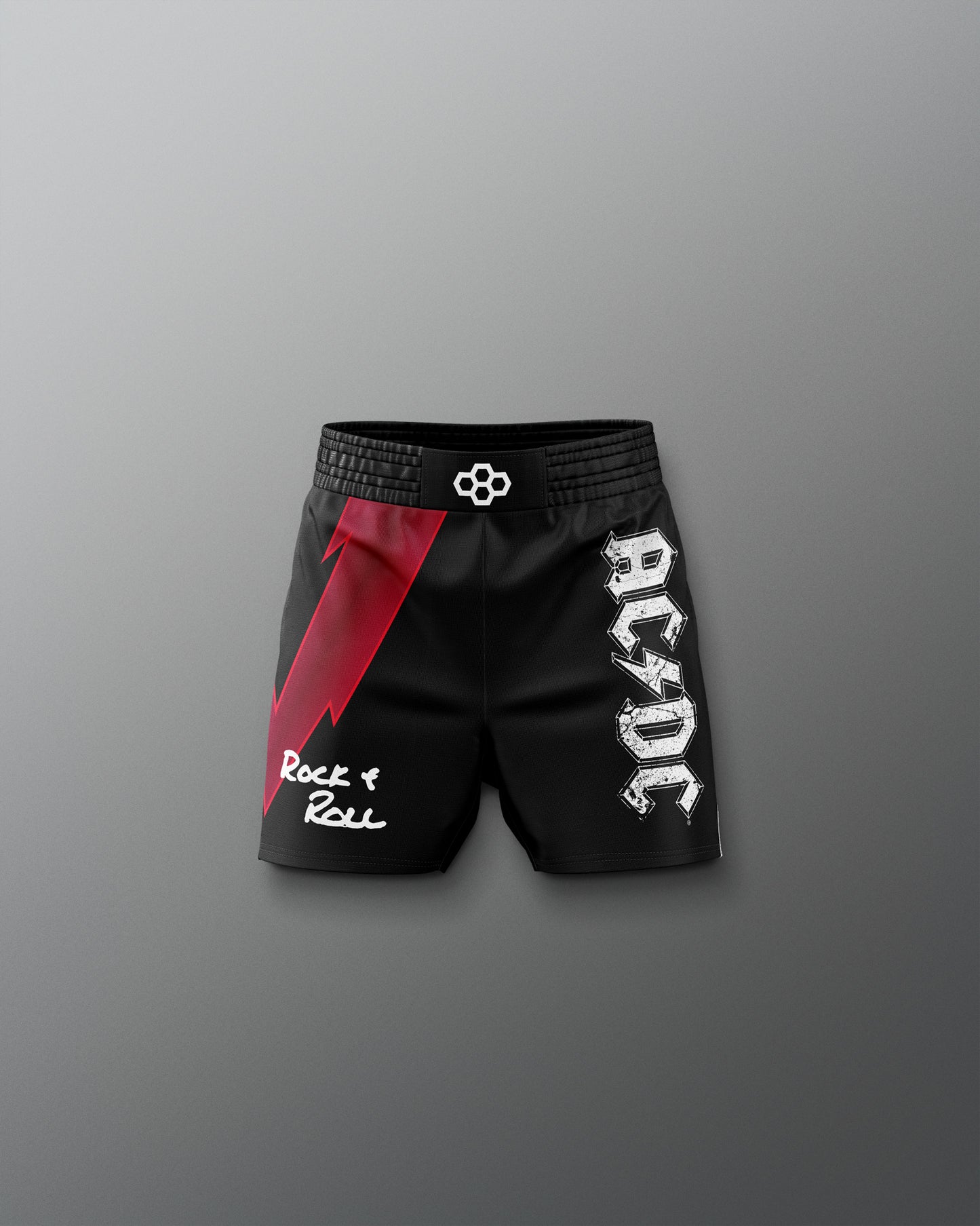 Black shorts with AC/DC logo and 'Rock & Roll' text on a gray background