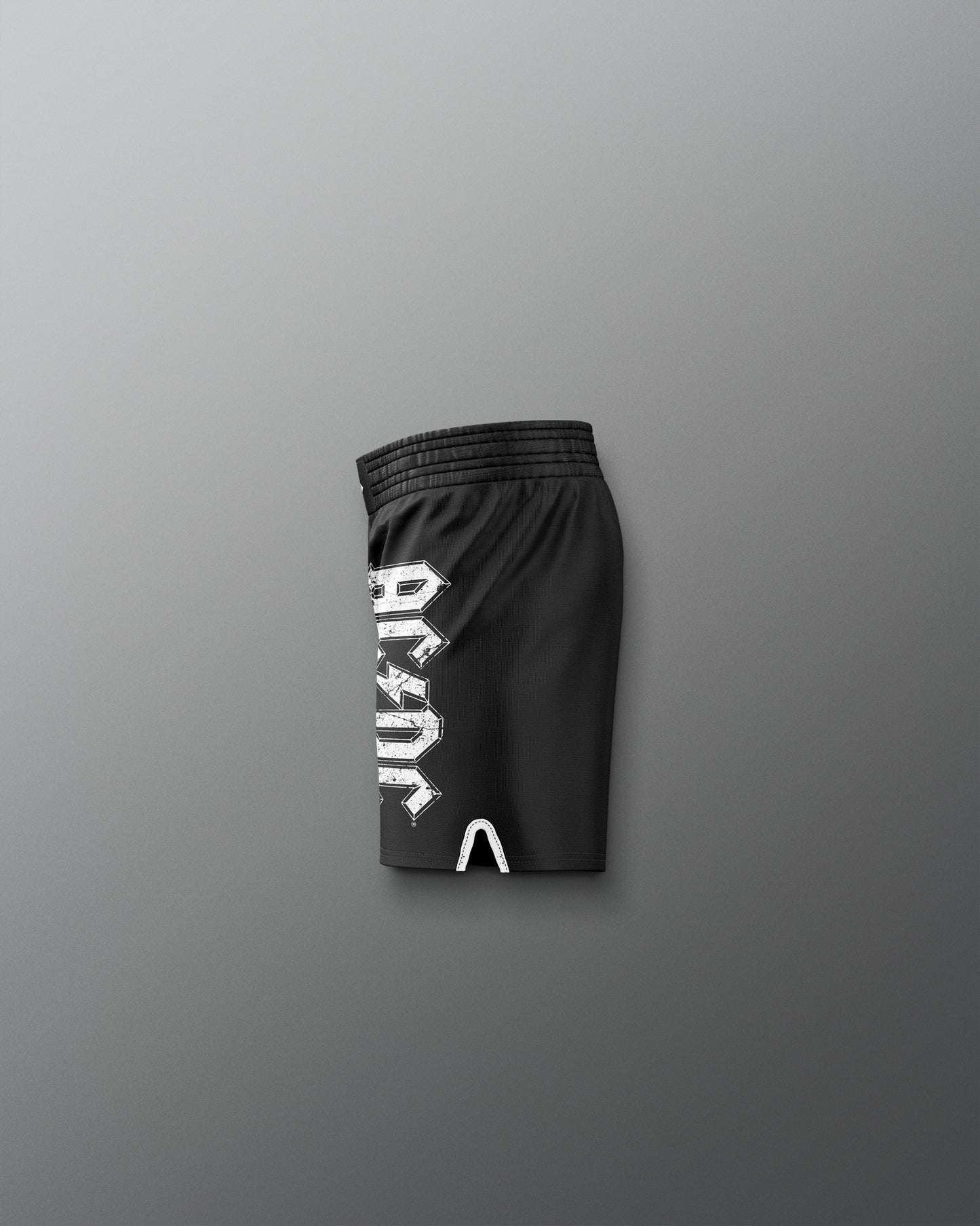 Black shorts with a logo on a gray background