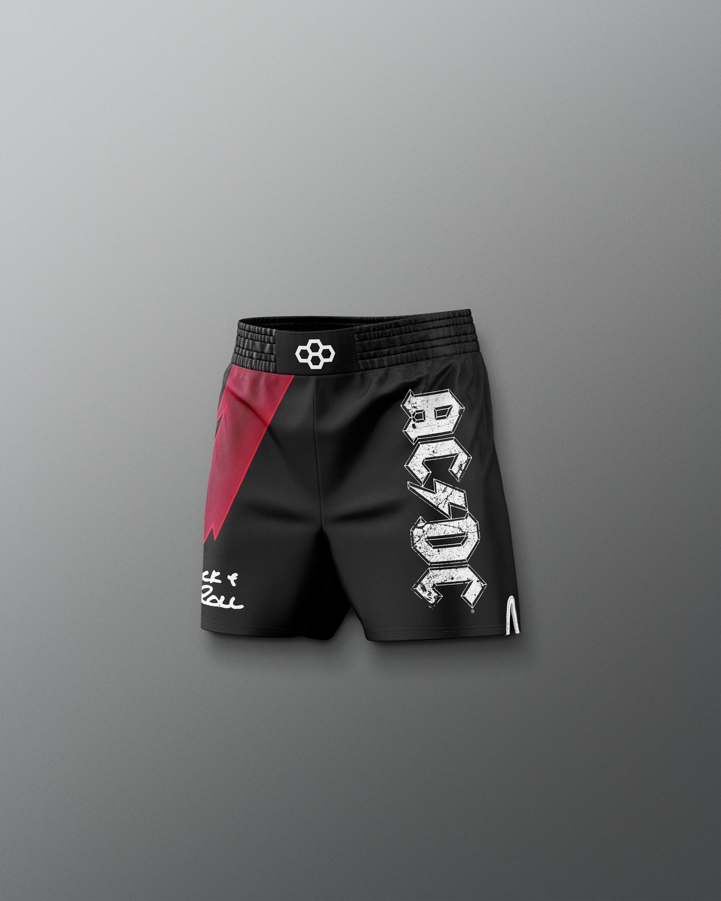 Black shorts with red accent and AC/DC logo on a gray background