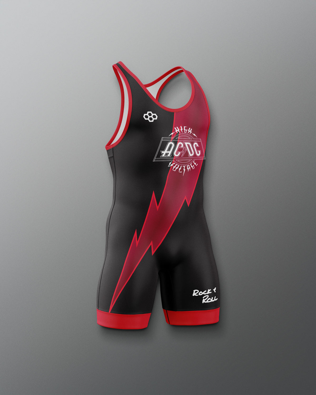 Black and red wrestling singlet with AC/DC logo on a gray background