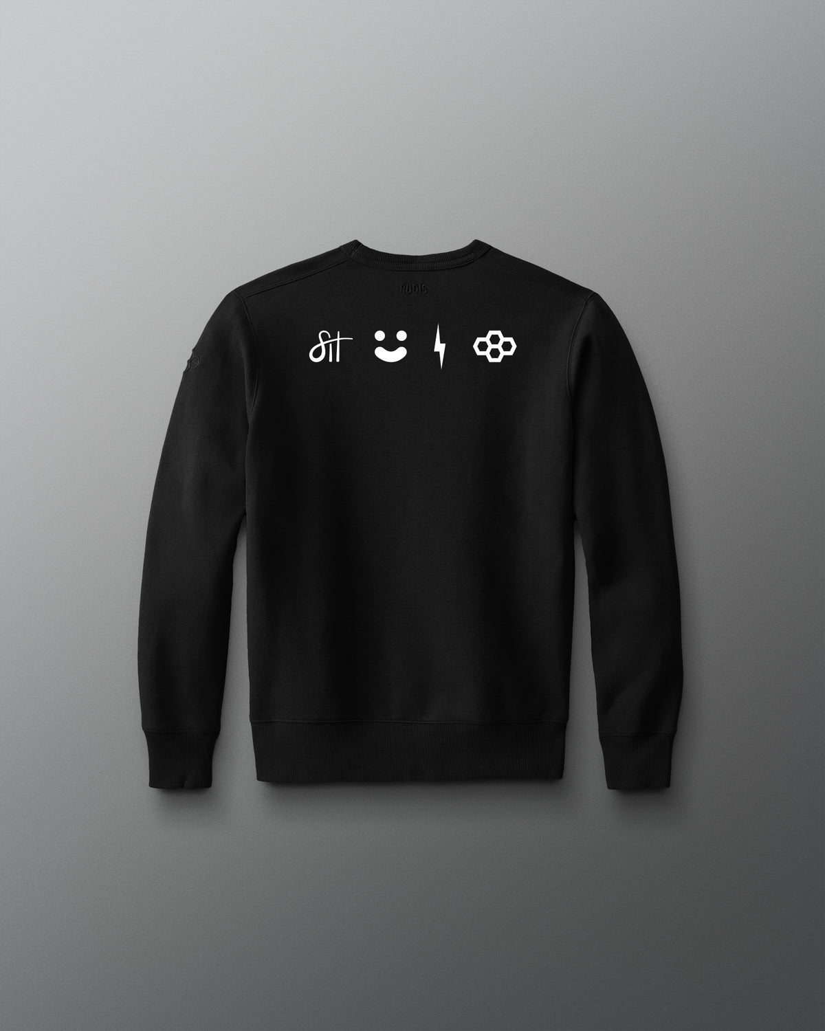 Black sweatshirt with white symbols on a gray background