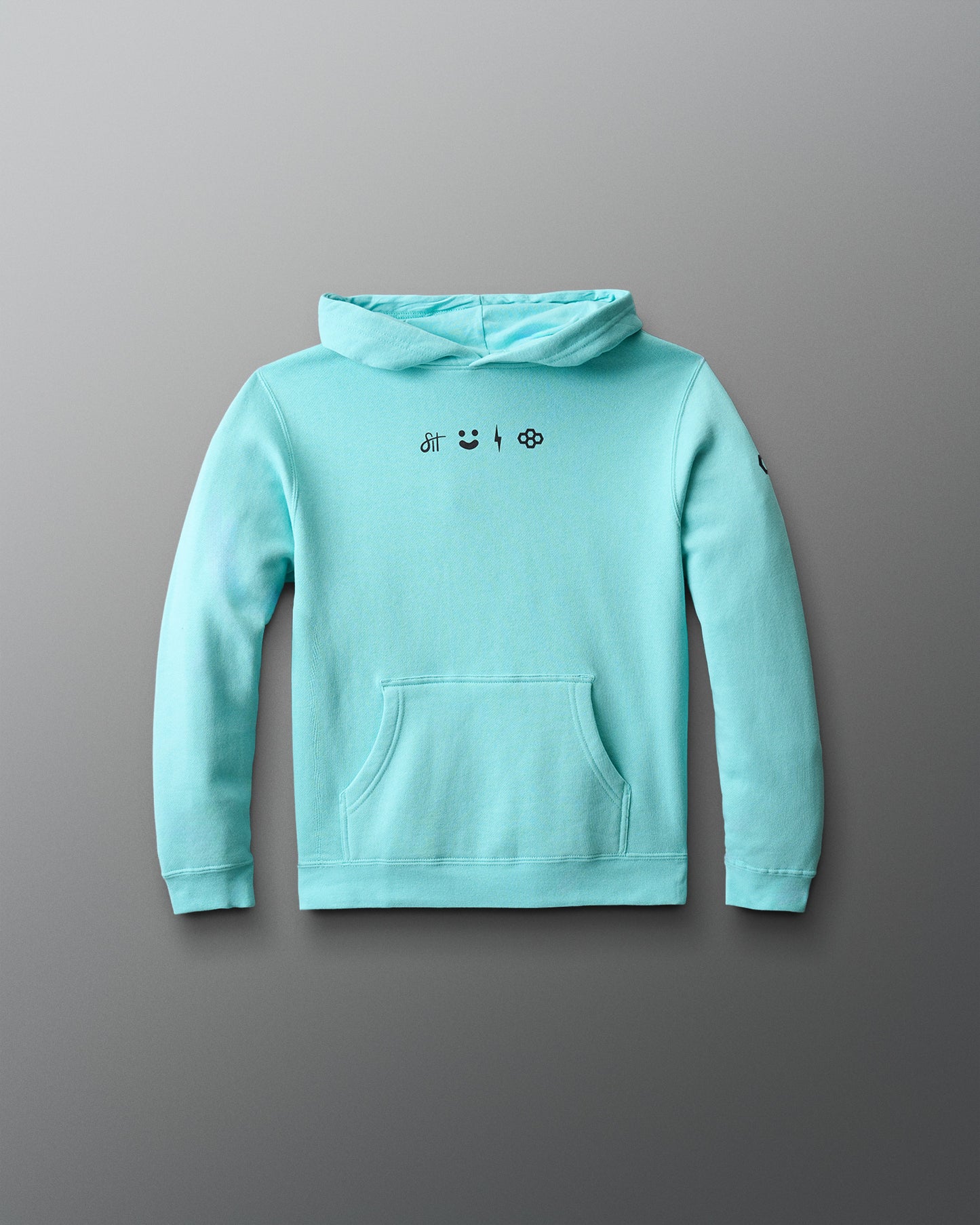 Turquoise hoodie with black graphics on a gray background
