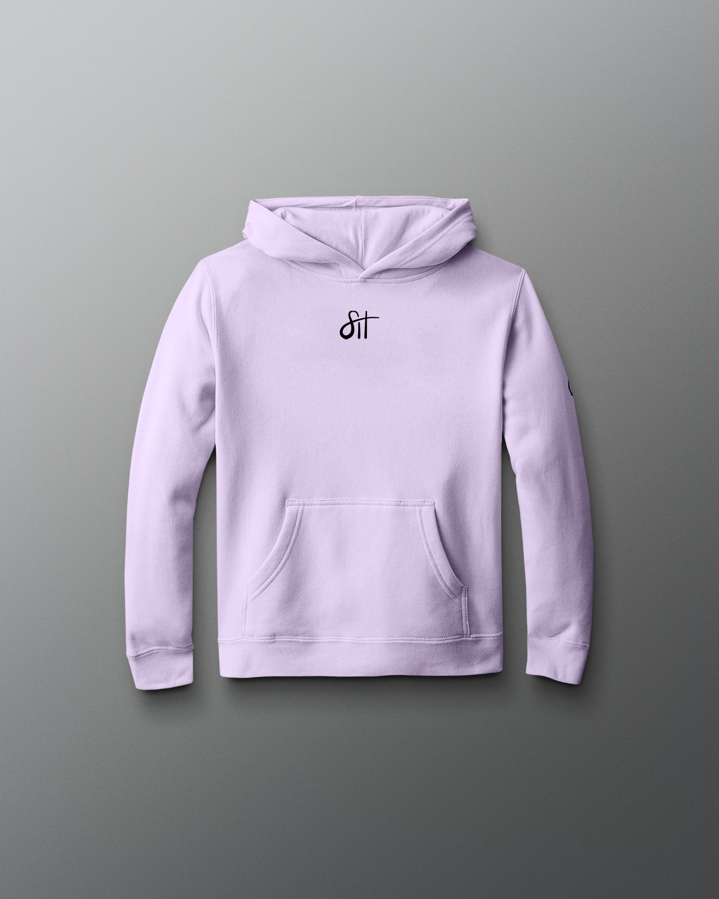 Lavender hoodie with a logo on the chest against a gray background