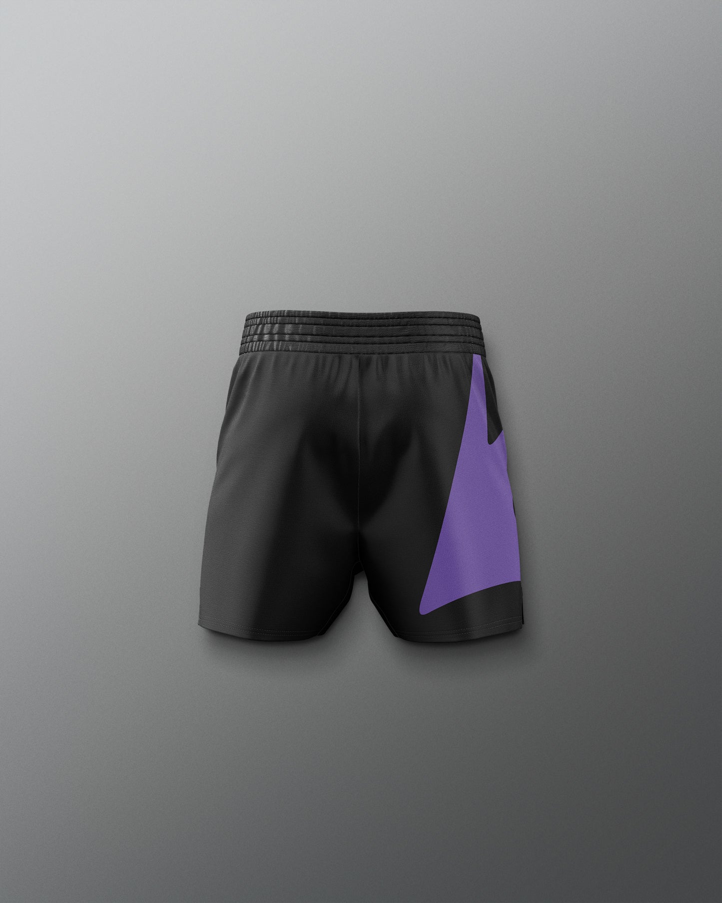 Black shorts with a purple patch on a gray background
