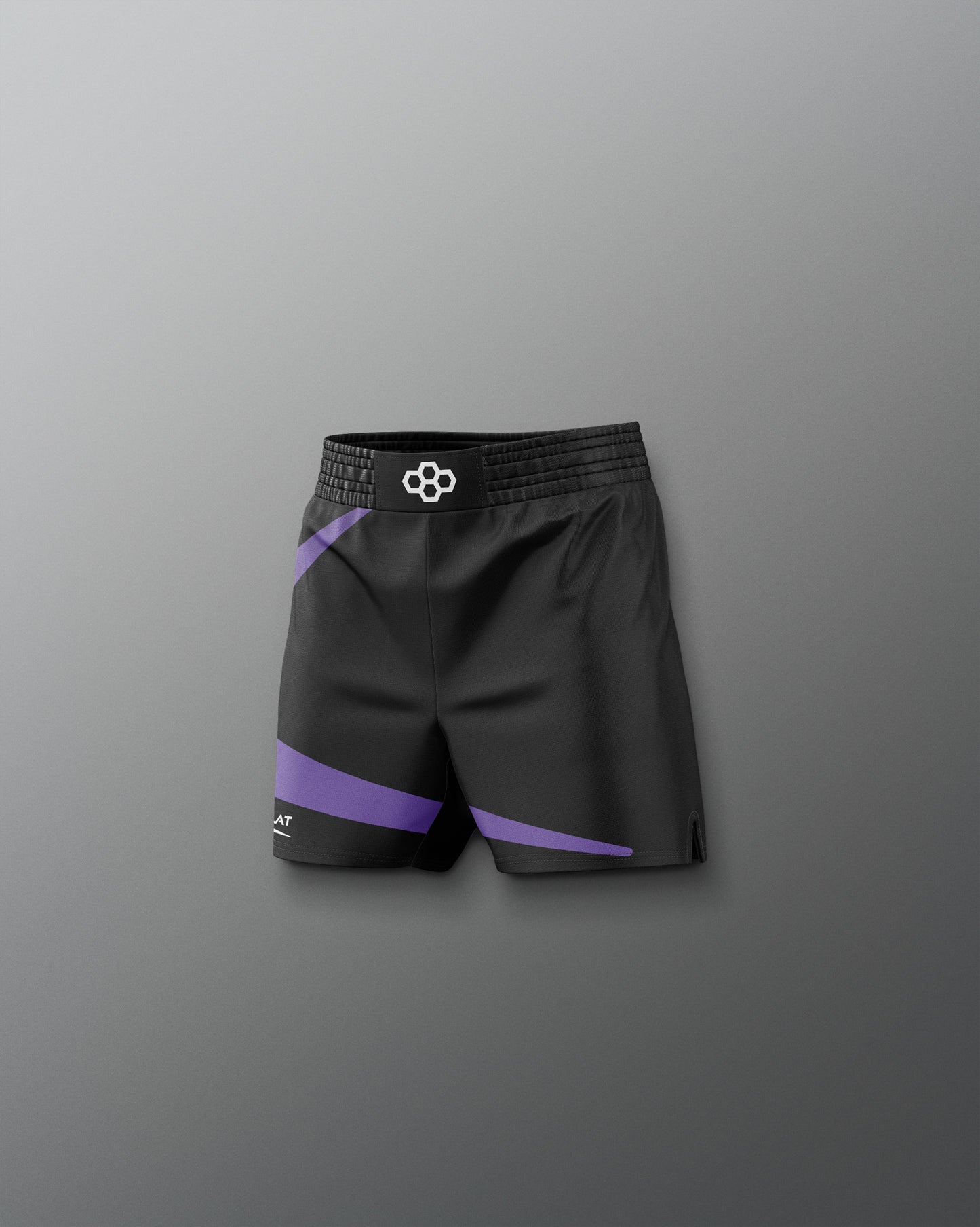 Black shorts with purple accents on a gray background