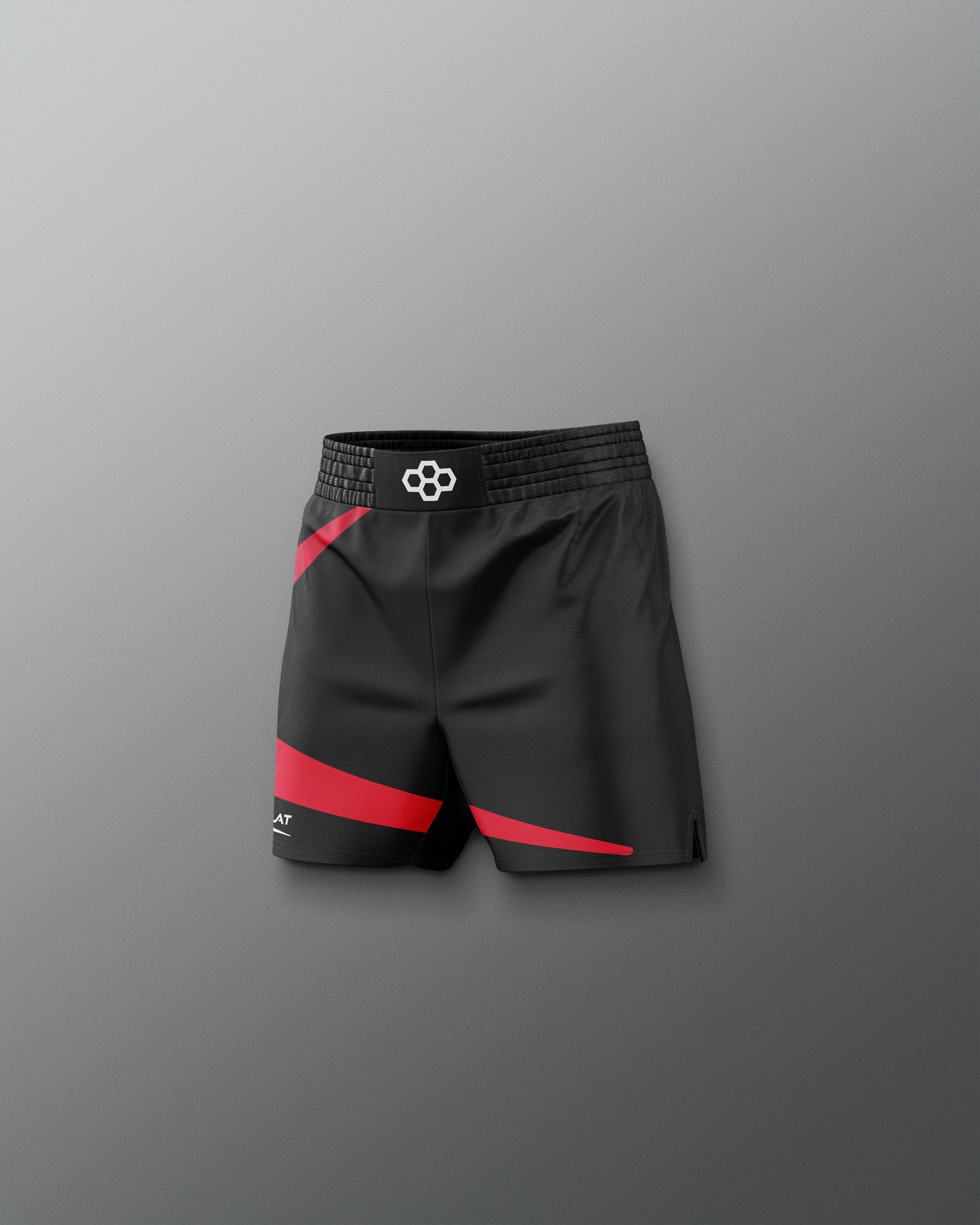Black shorts with red accents on a gray background