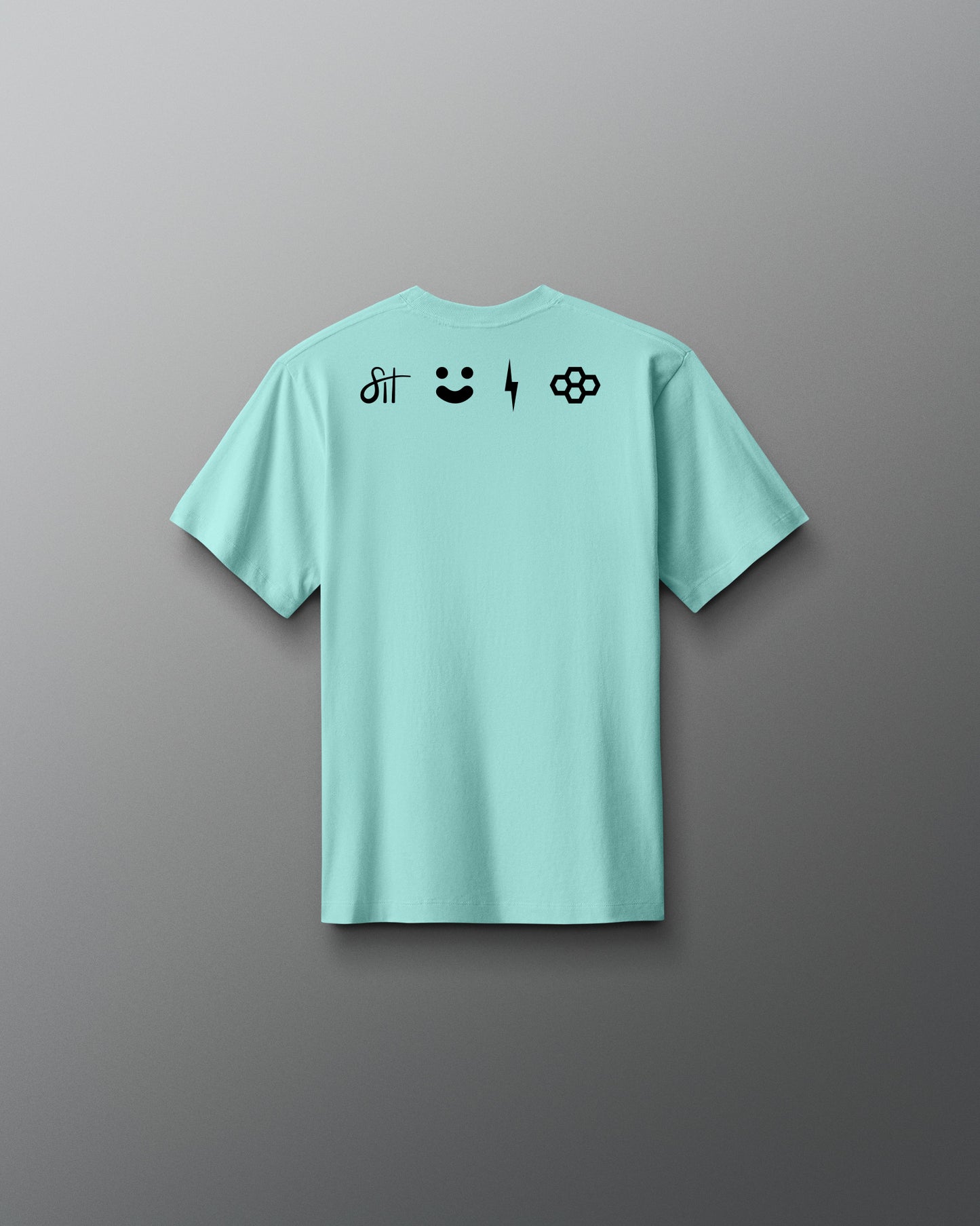 Light blue t-shirt with black symbols on the back against a gray background