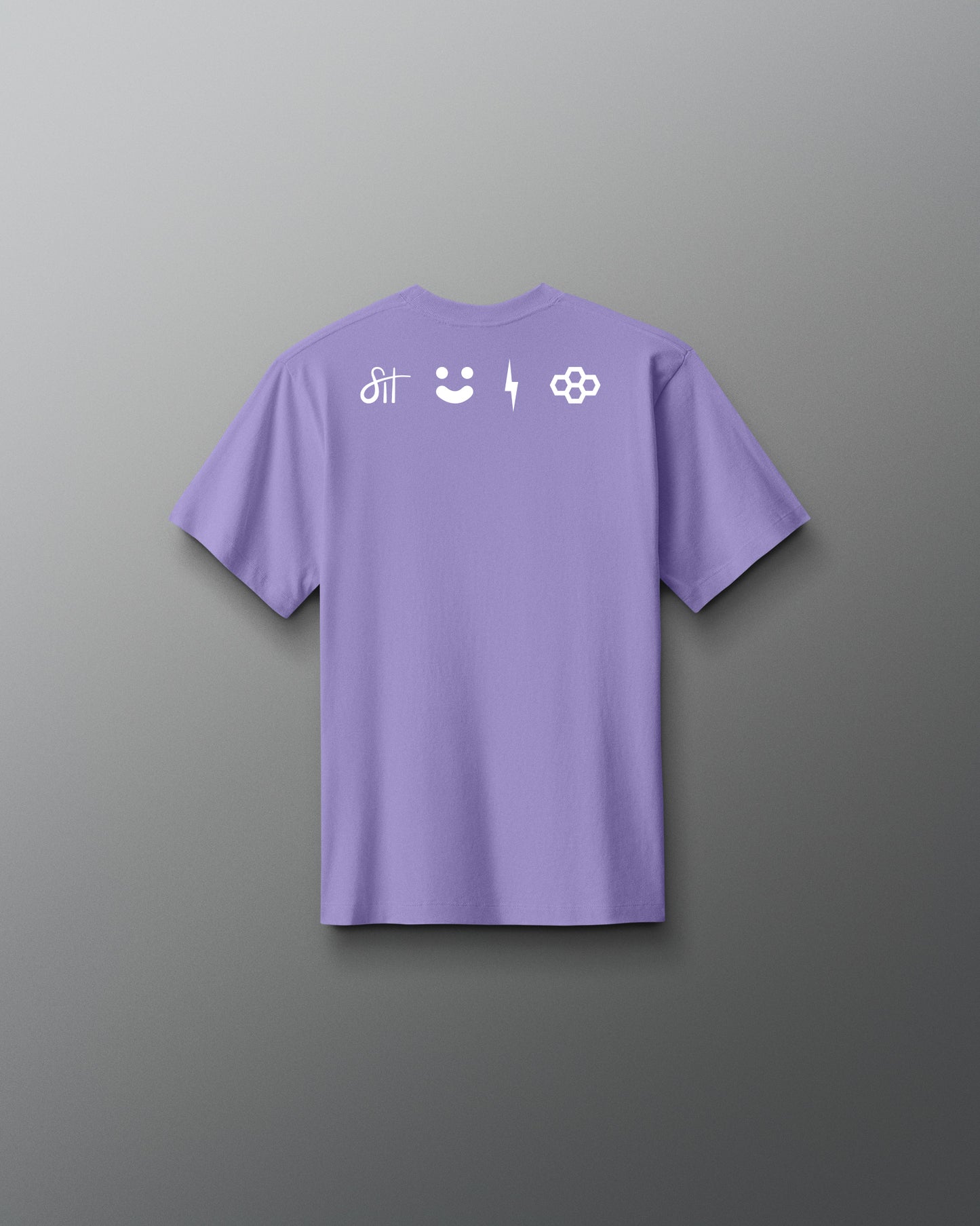 Purple t-shirt with white icons on the back against a gray background