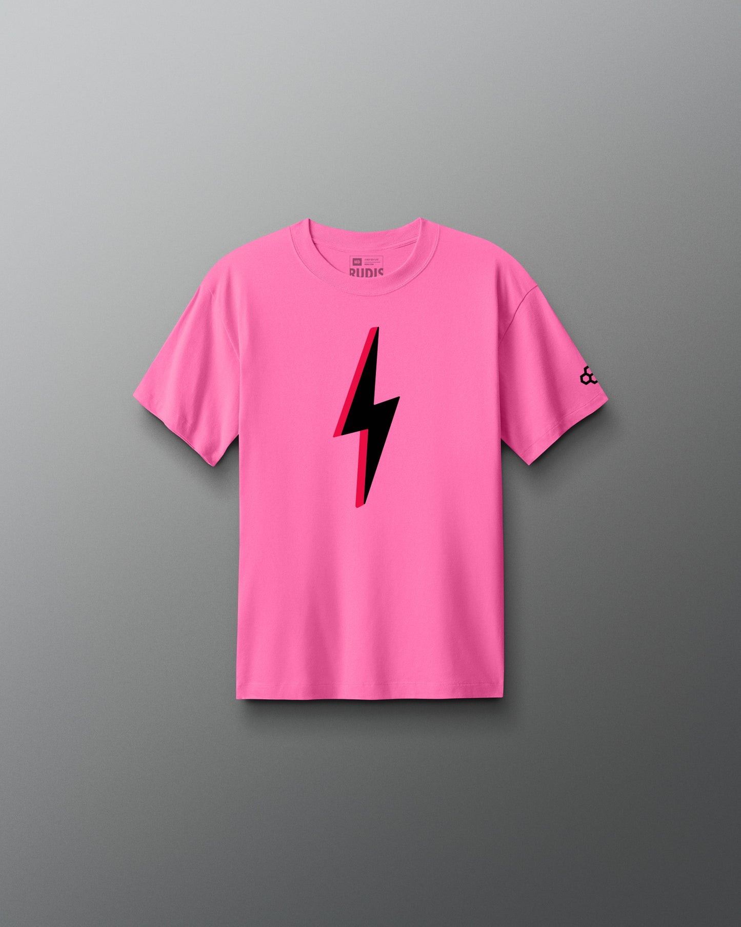 Pink t-shirt with a black lightning bolt design on a gray background