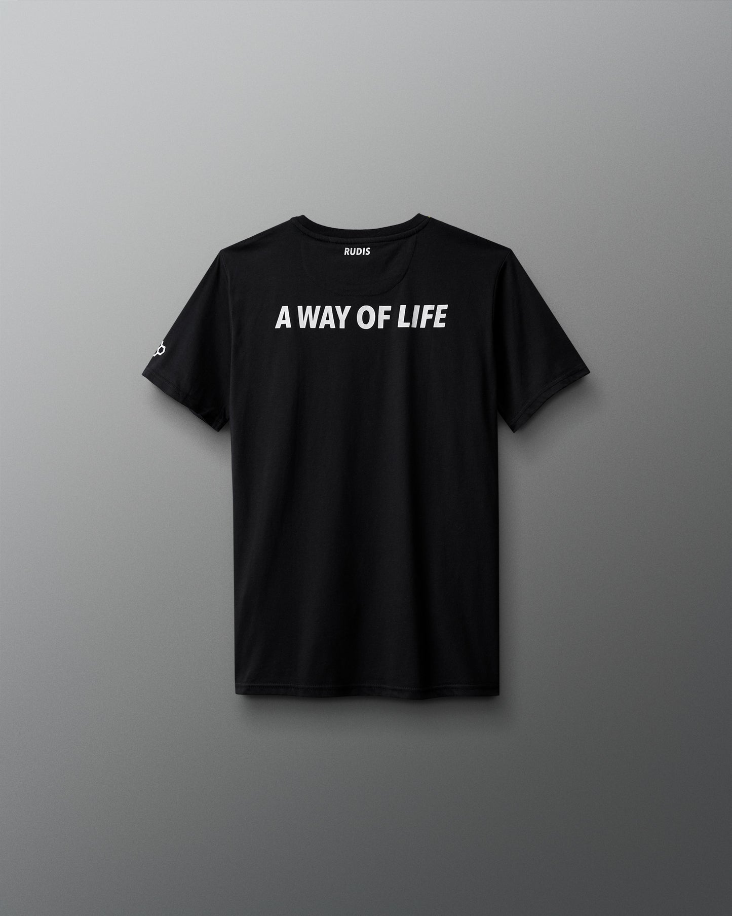 Black t-shirt with 'A Way of Life' text on a gray background