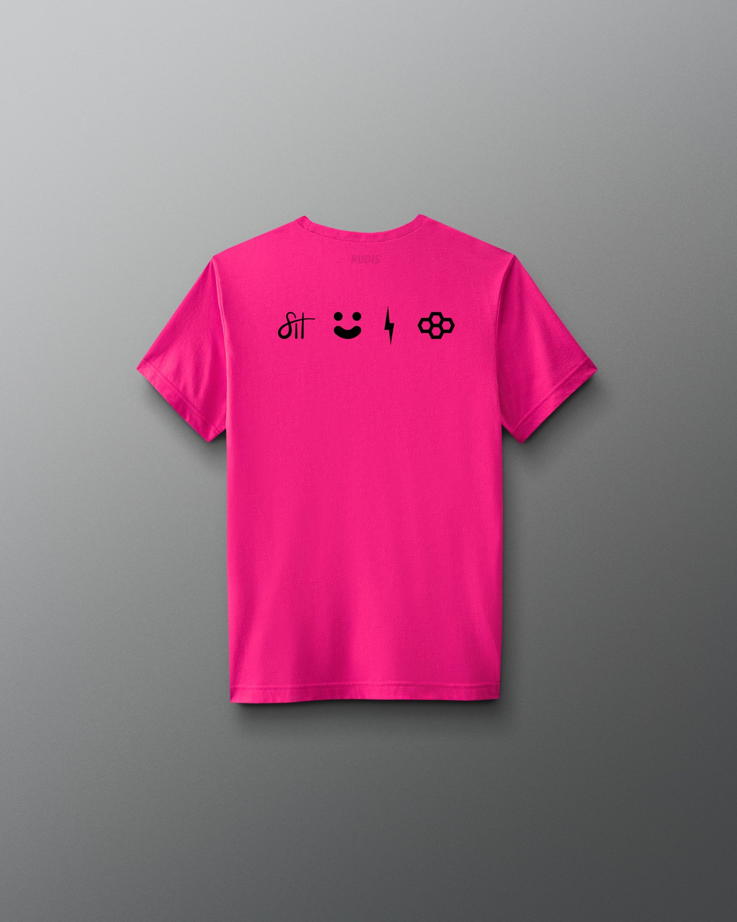 Pink t-shirt with black symbols on the back against a gray background